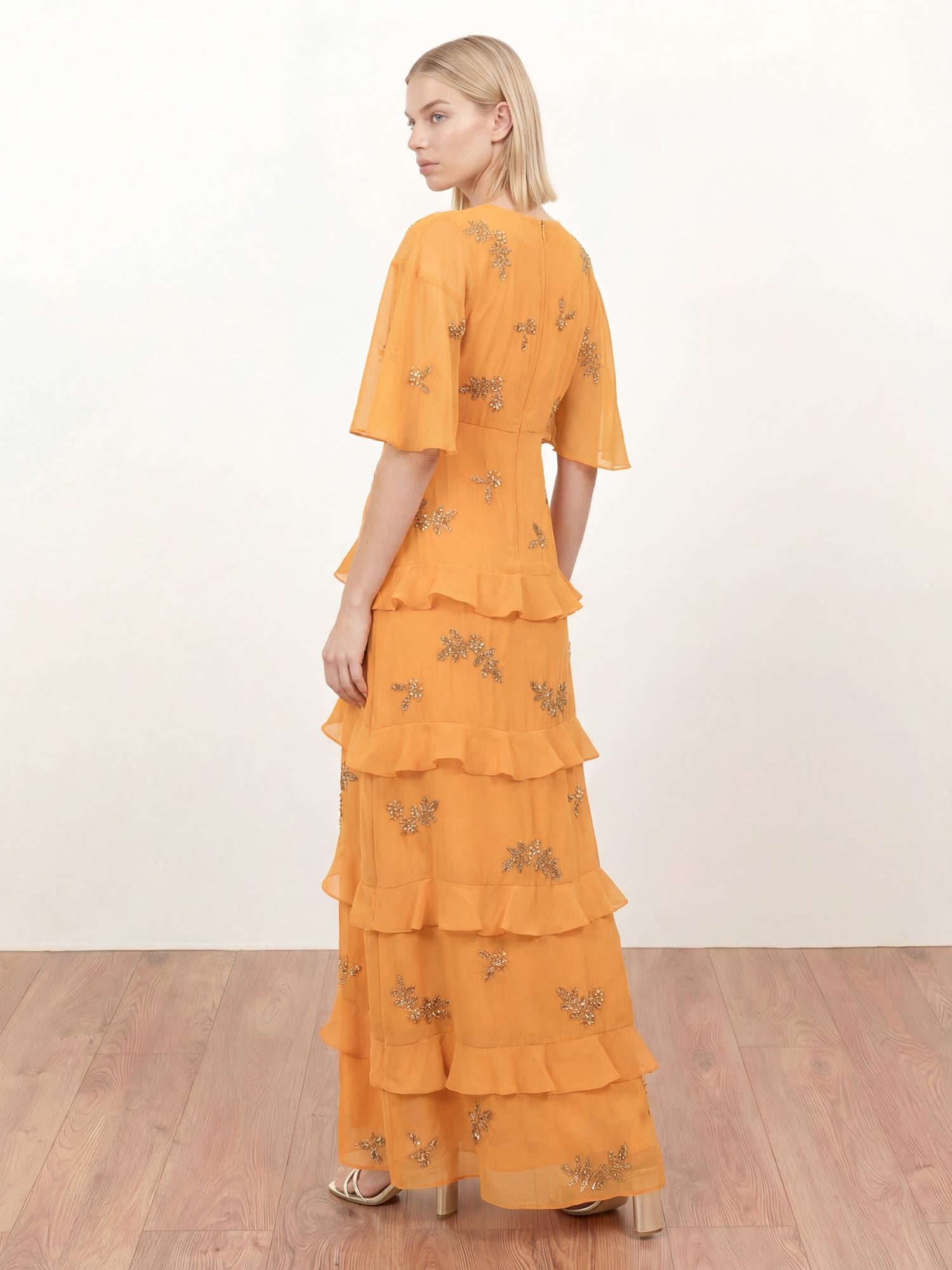 Maya Amber Floral Embellished V Neck Kimono Sleeve Ruffled Maxi Dress