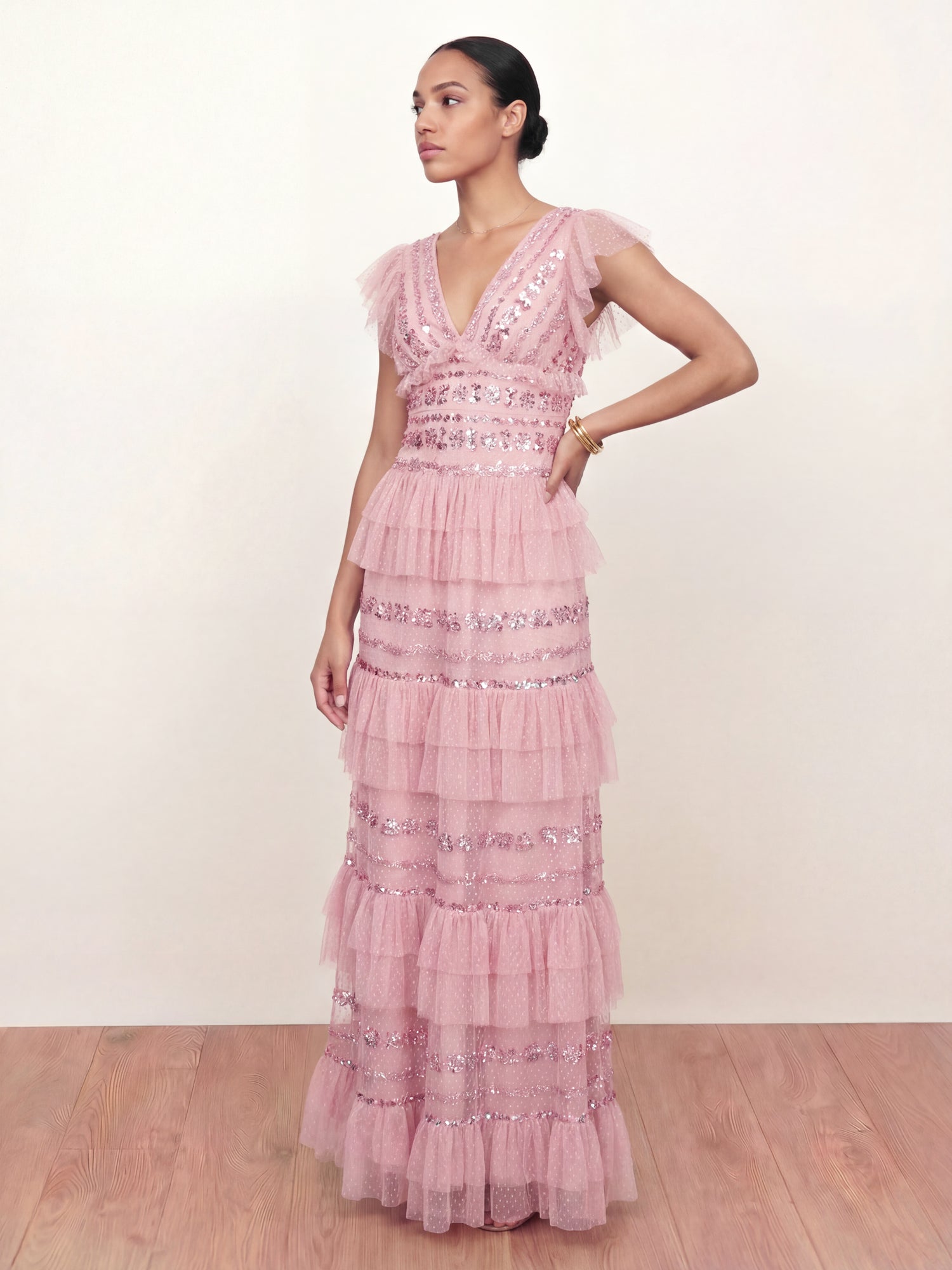 Maya Soft Pink Spot Mesh Embellished Flutter Sleeve Tiered Maxi Dress