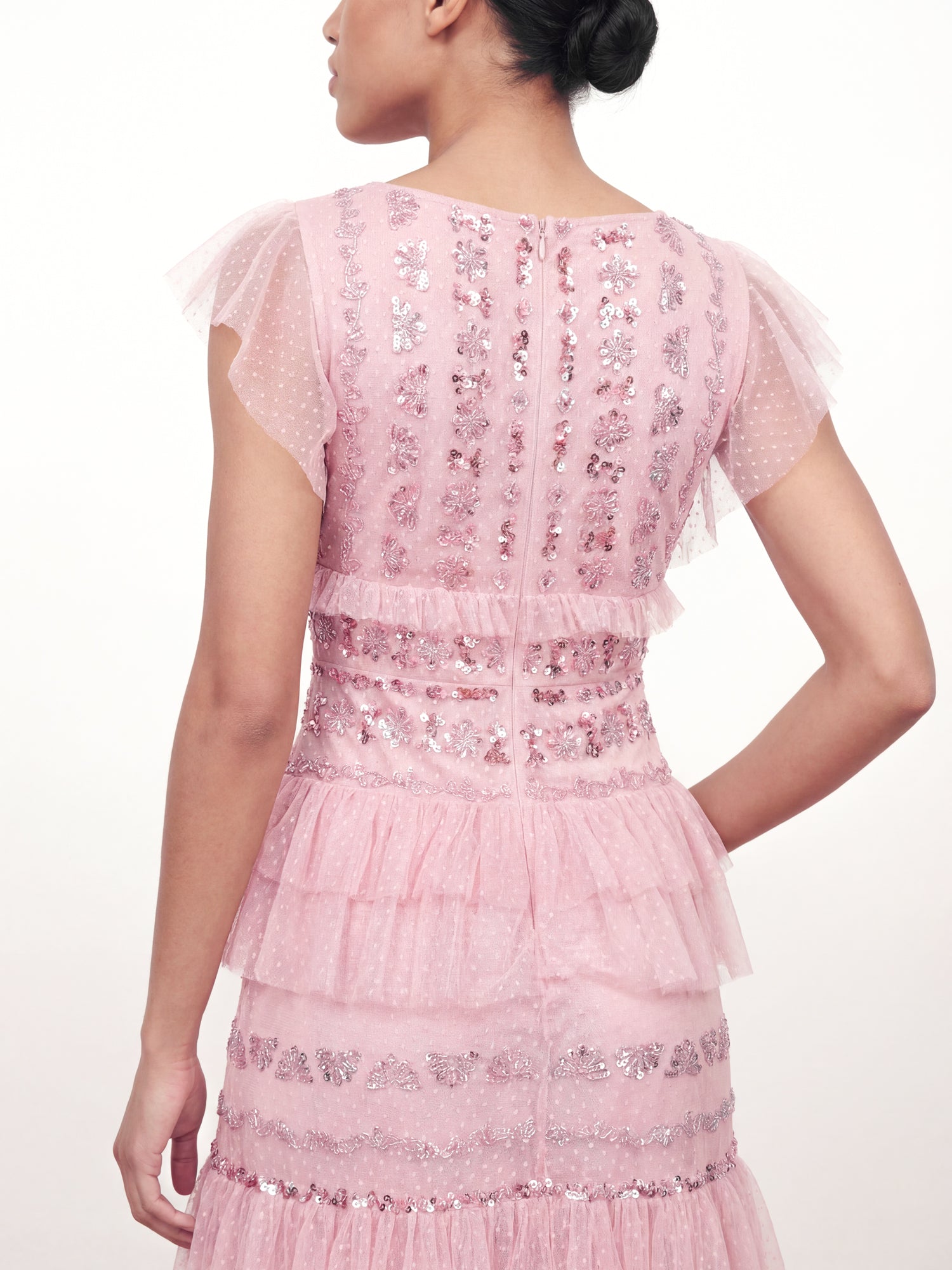 Maya Soft Pink Spot Mesh Embellished Flutter Sleeve Tiered Maxi Dress