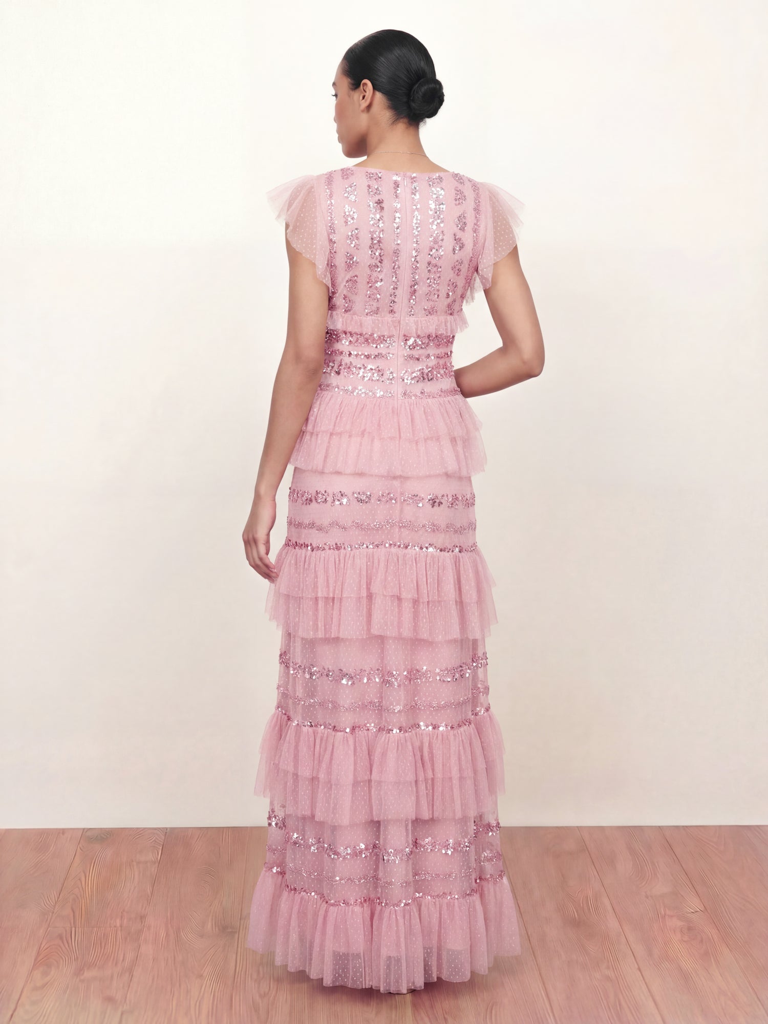 Maya Soft Pink Spot Mesh Embellished Flutter Sleeve Tiered Maxi Dress