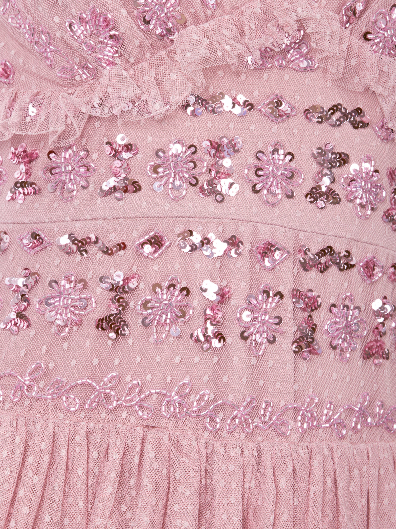 Maya Soft Pink Spot Mesh Embellished Flutter Sleeve Tiered Maxi Dress