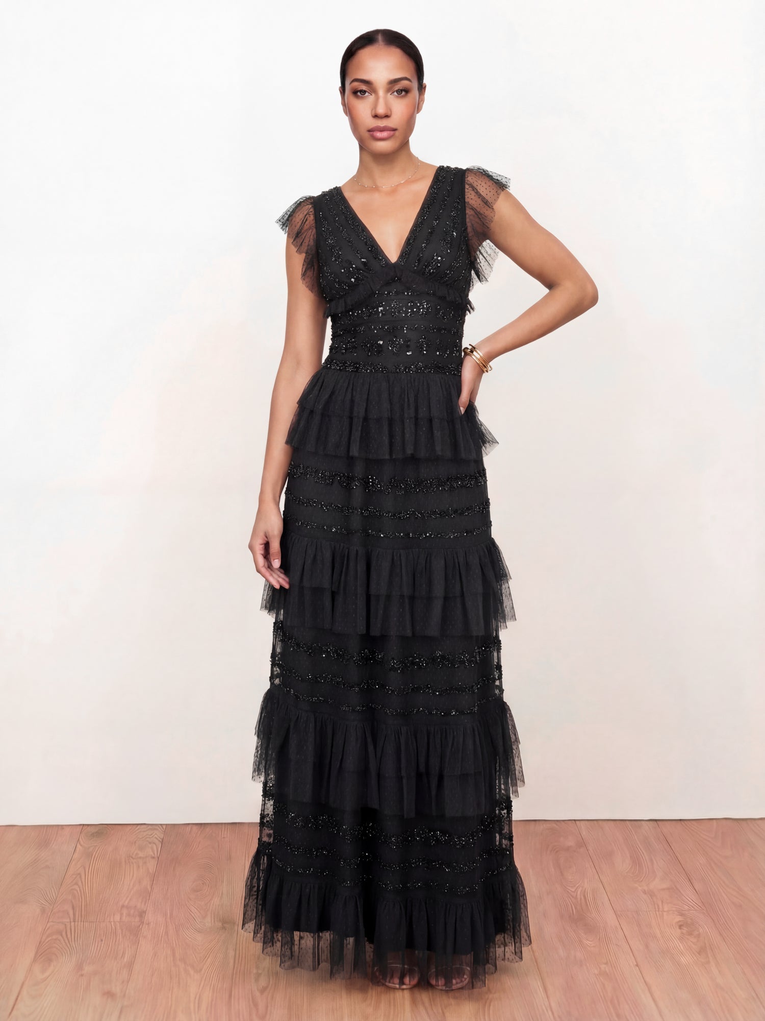 Maya Black Spot Mesh Embellished Flutter Sleeve Tiered Maxi Dress