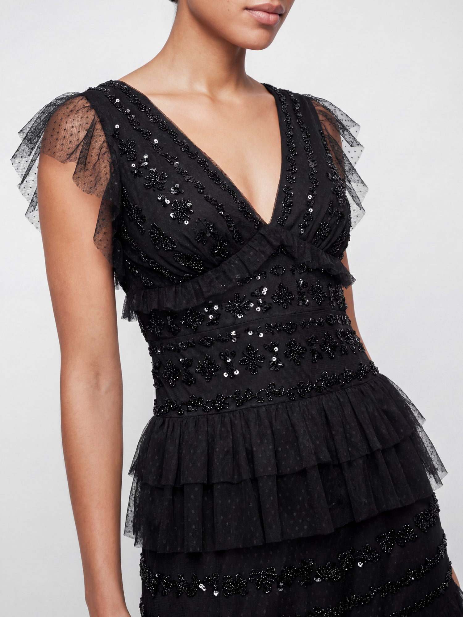 Maya Black Spot Mesh Embellished Flutter Sleeve Tiered Maxi Dress