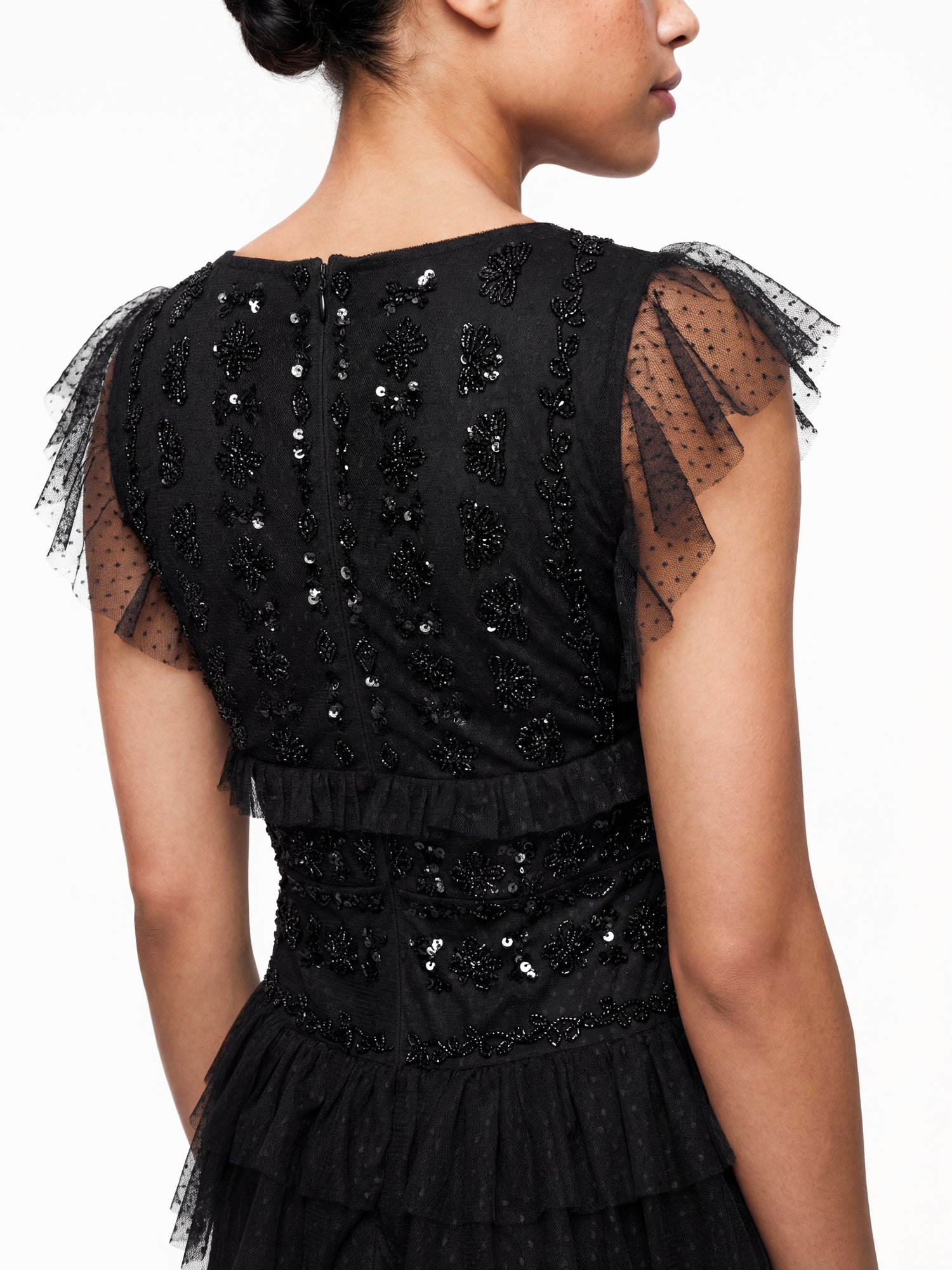 Maya Black Spot Mesh Embellished Flutter Sleeve Tiered Maxi Dress