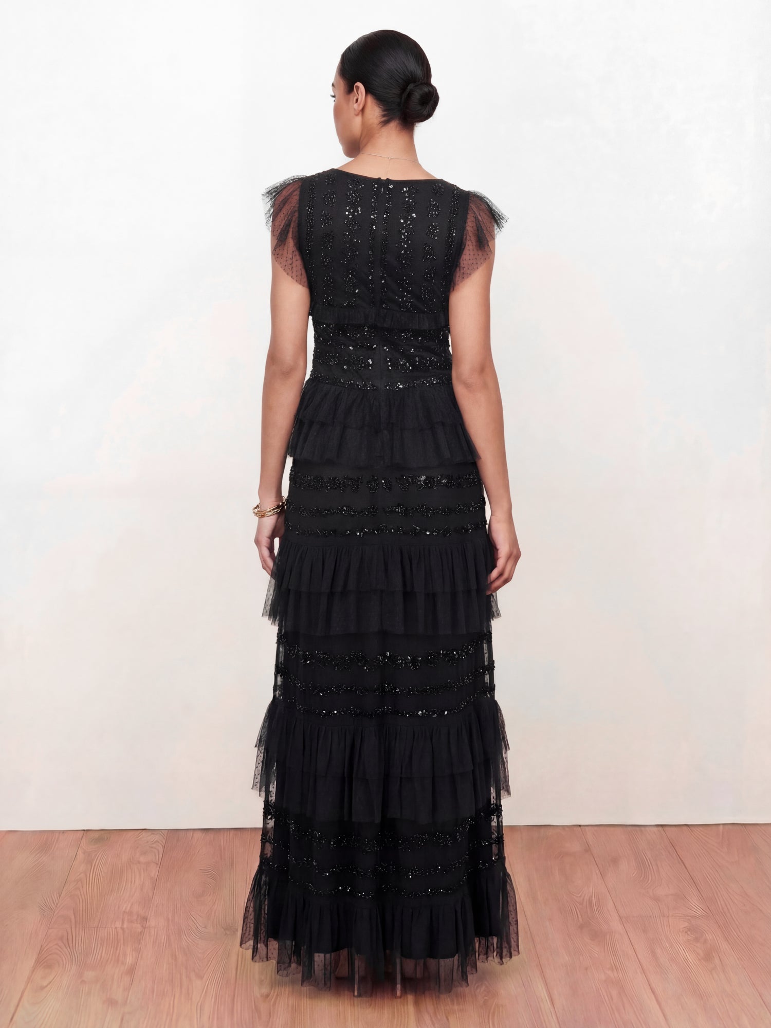 Maya Black Spot Mesh Embellished Flutter Sleeve Tiered Maxi Dress