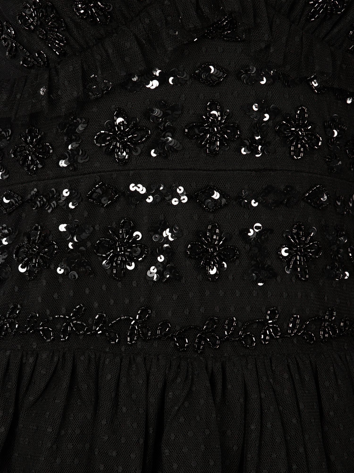 Maya Black Spot Mesh Embellished Flutter Sleeve Tiered Maxi Dress