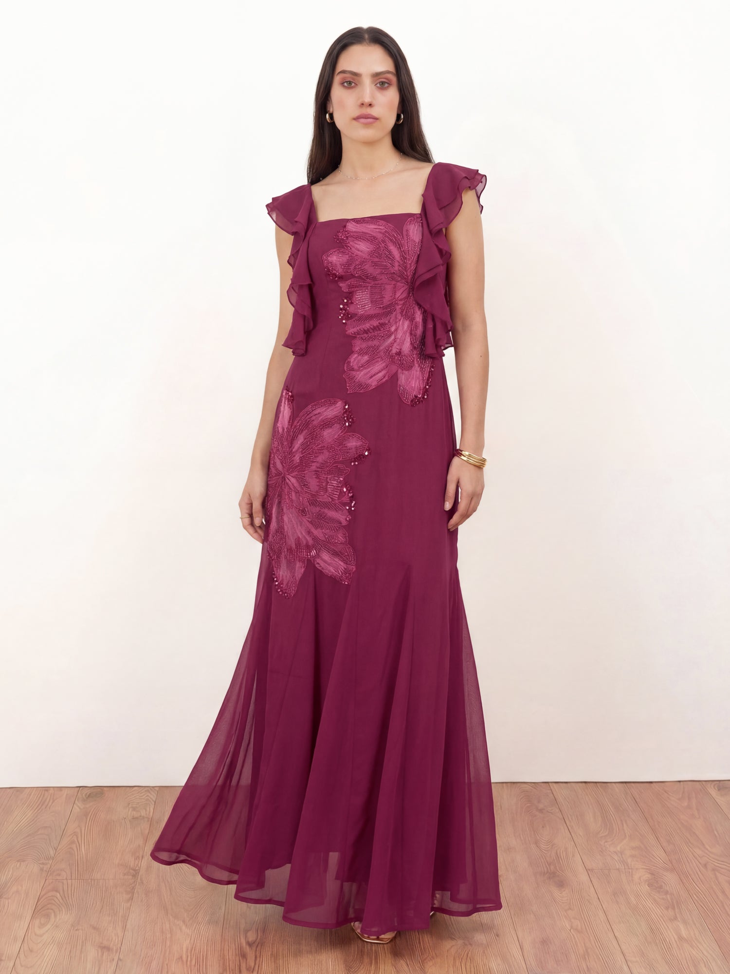 Maya Deep Pink Floral Embroidered Strappy Godet Maxi Dress