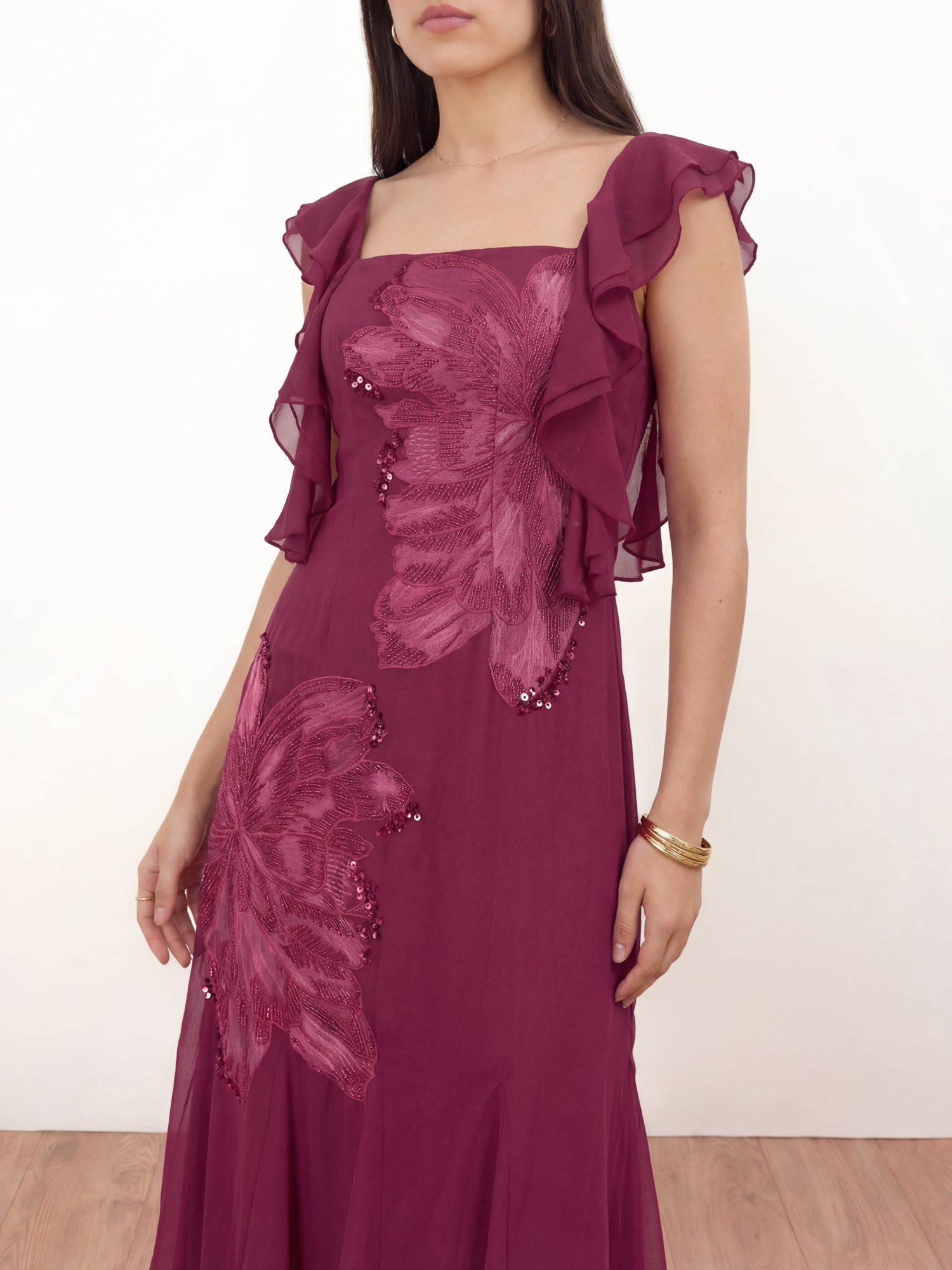 Maya Deep Pink Floral Embroidered Strappy Godet Maxi Dress
