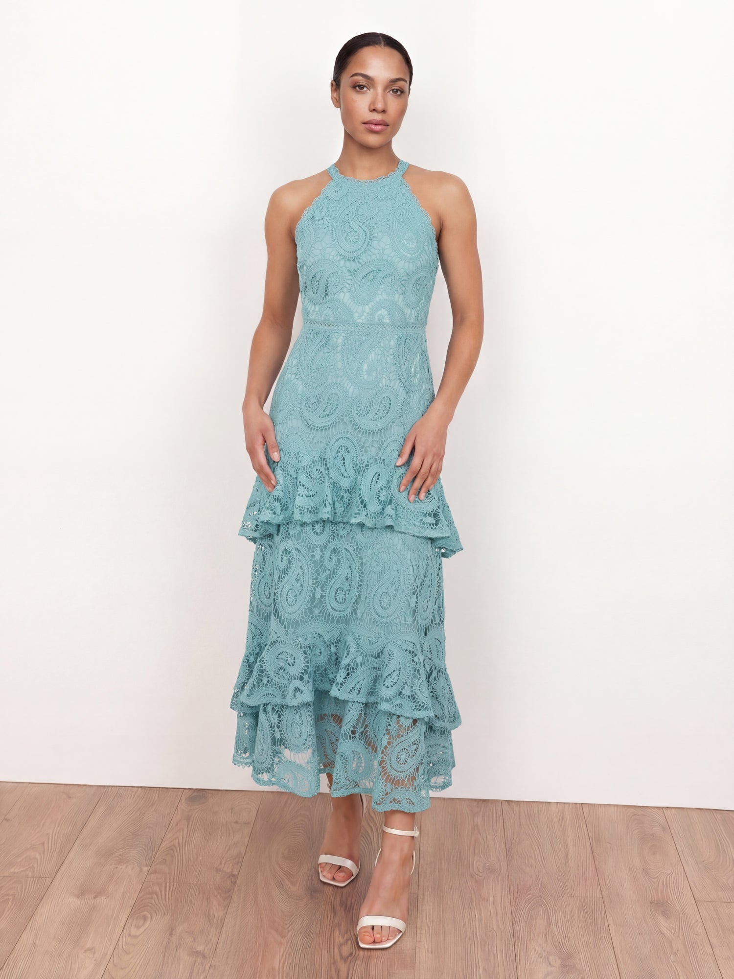 Maya Turquoise Paisley Lace Halter Neck Midaxi Dress