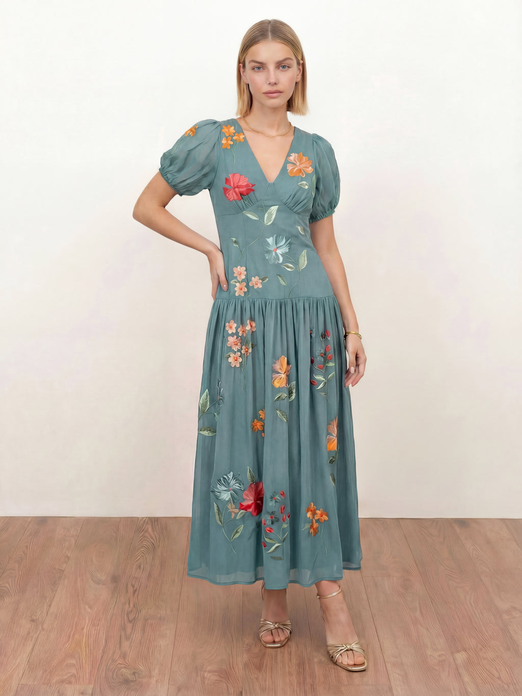 Maya Turquoise Floral Embroidered Dropped Waist Midaxi Dress