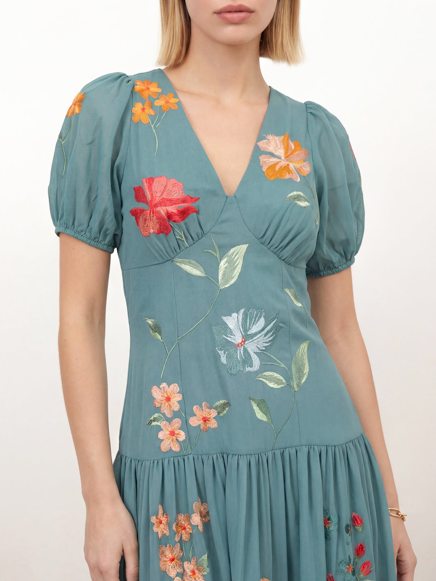 Maya Turquoise Floral Embroidered Dropped Waist Midaxi Dress