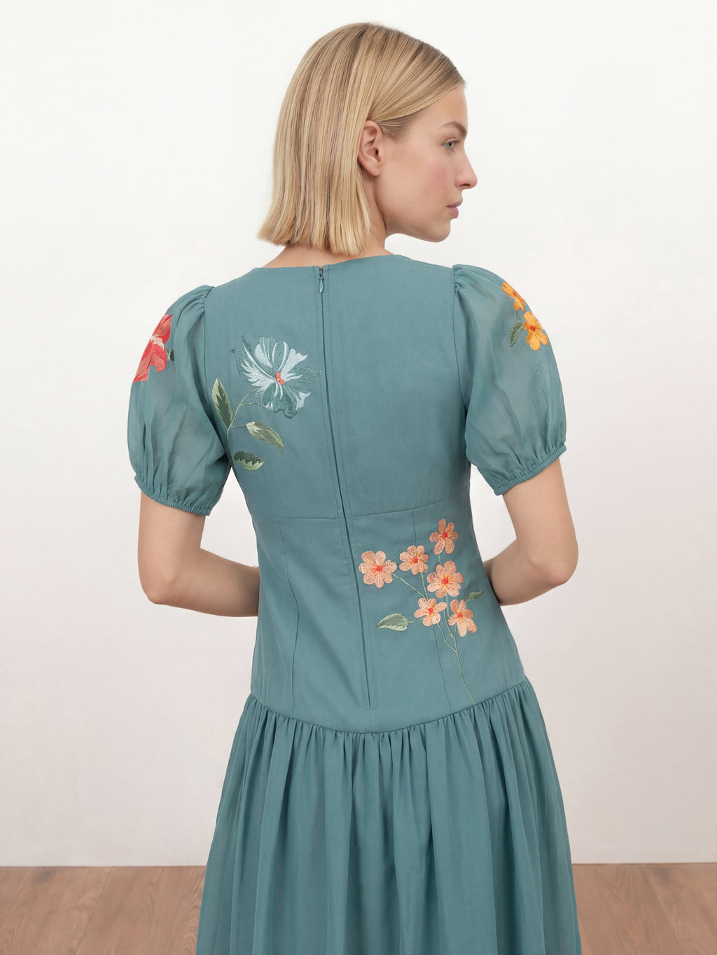 Maya Turquoise Floral Embroidered Dropped Waist Midaxi Dress