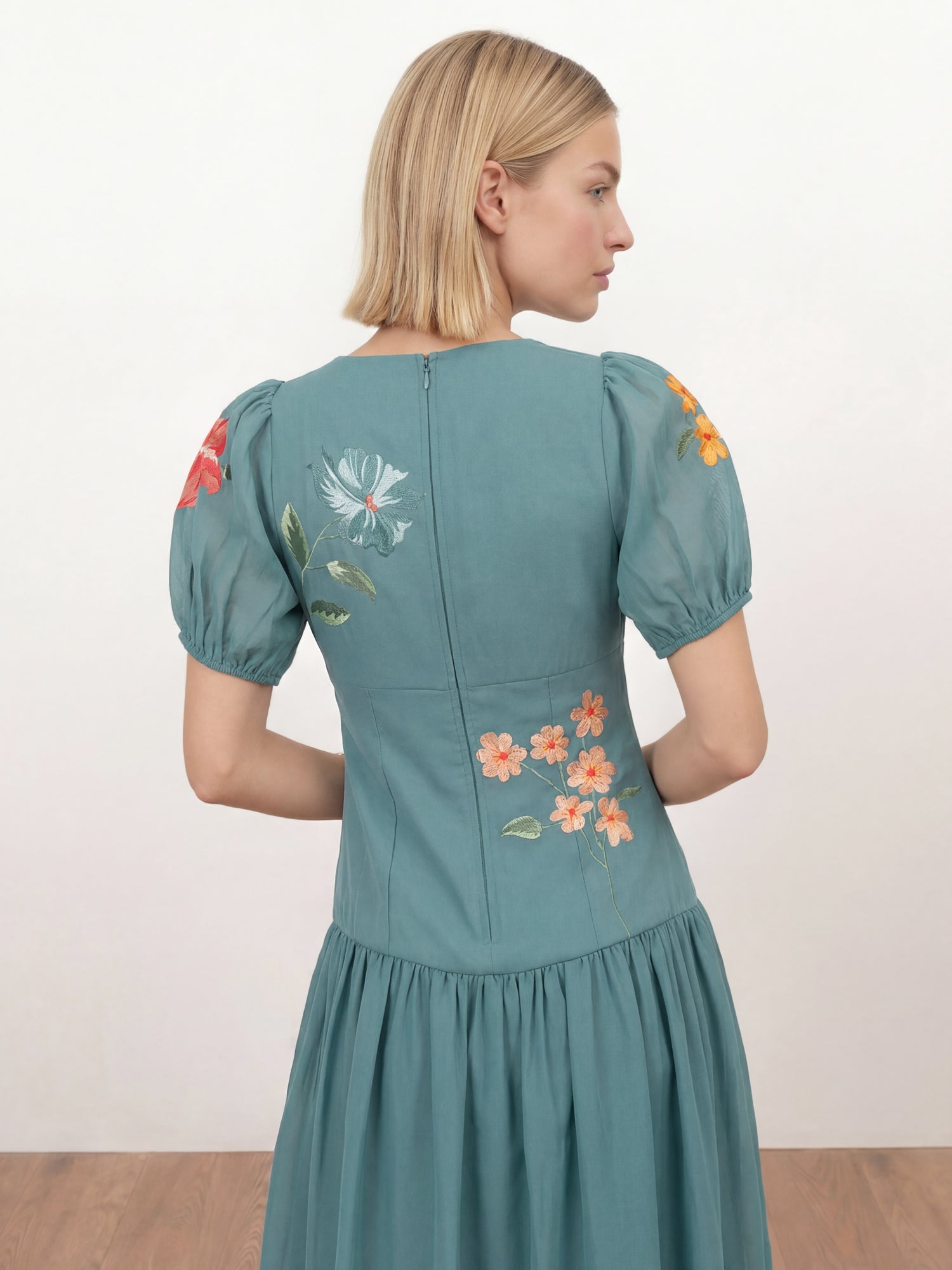 Maya Turquoise Floral Embroidered Dropped Waist Midaxi Dress