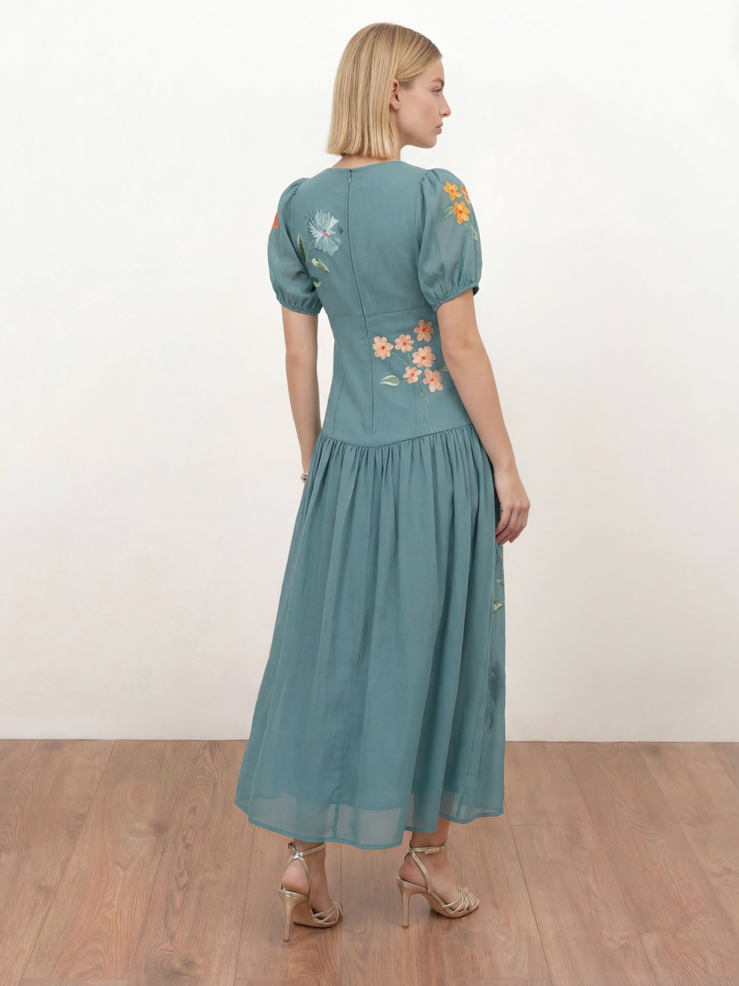 Maya Turquoise Floral Embroidered Dropped Waist Midaxi Dress
