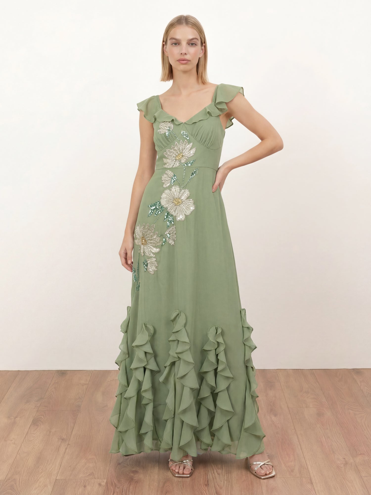 Maya Olive Sage Floral Embellished Waterfall Ruffle Maxi Dress