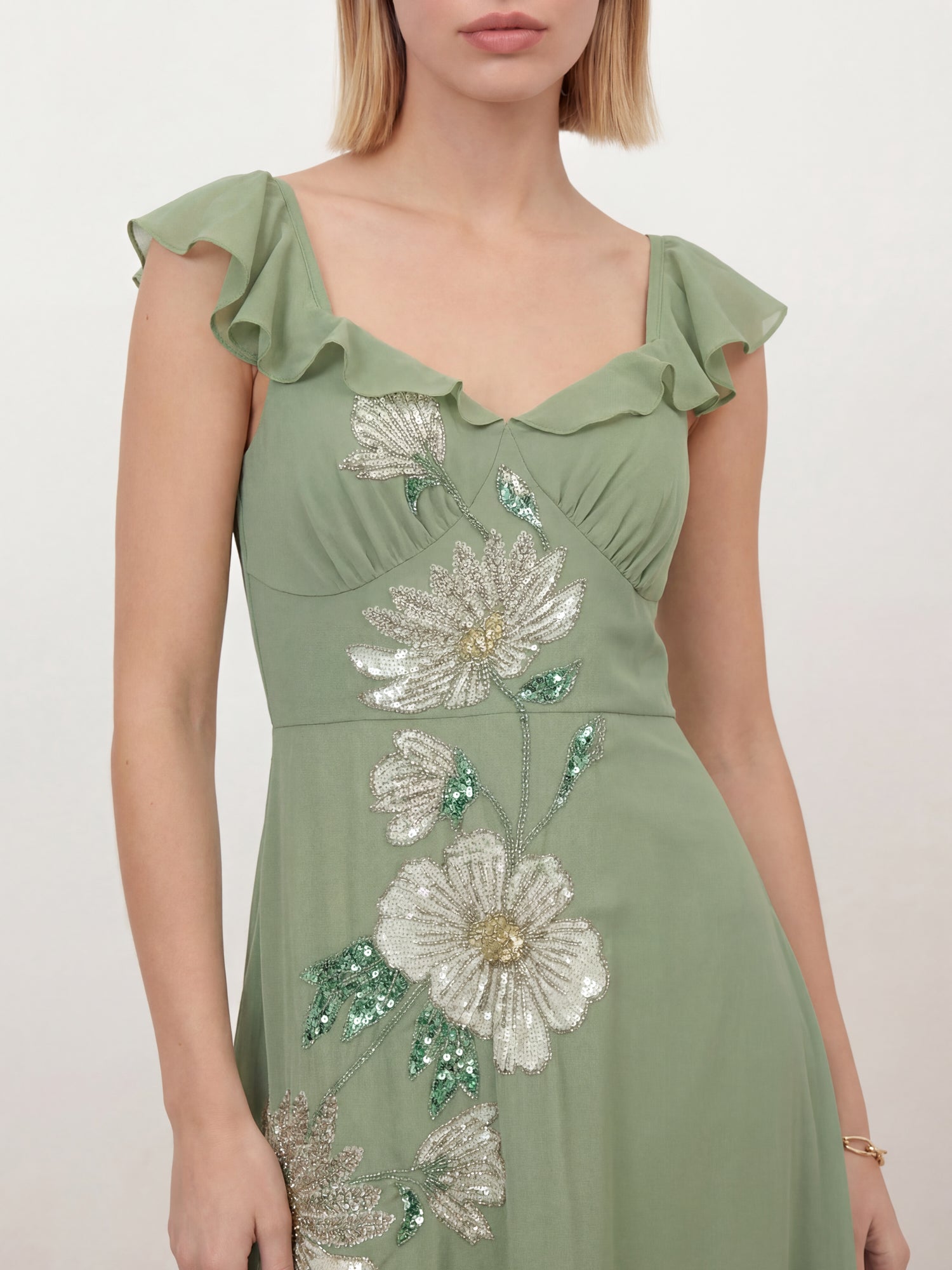 Maya Olive Sage Floral Embellished Waterfall Ruffle Maxi Dress