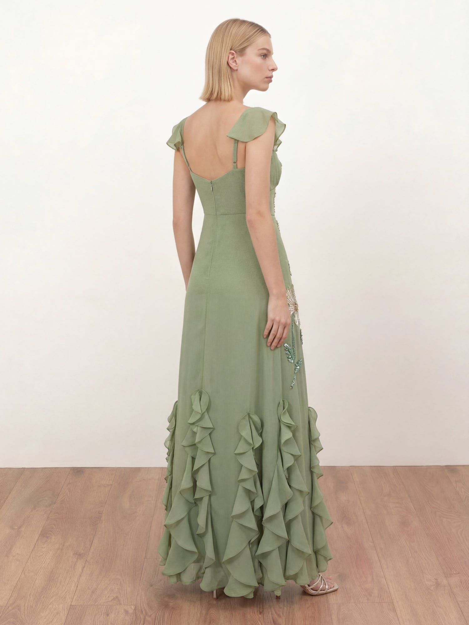 Maya Olive Sage Floral Embellished Waterfall Ruffle Maxi Dress