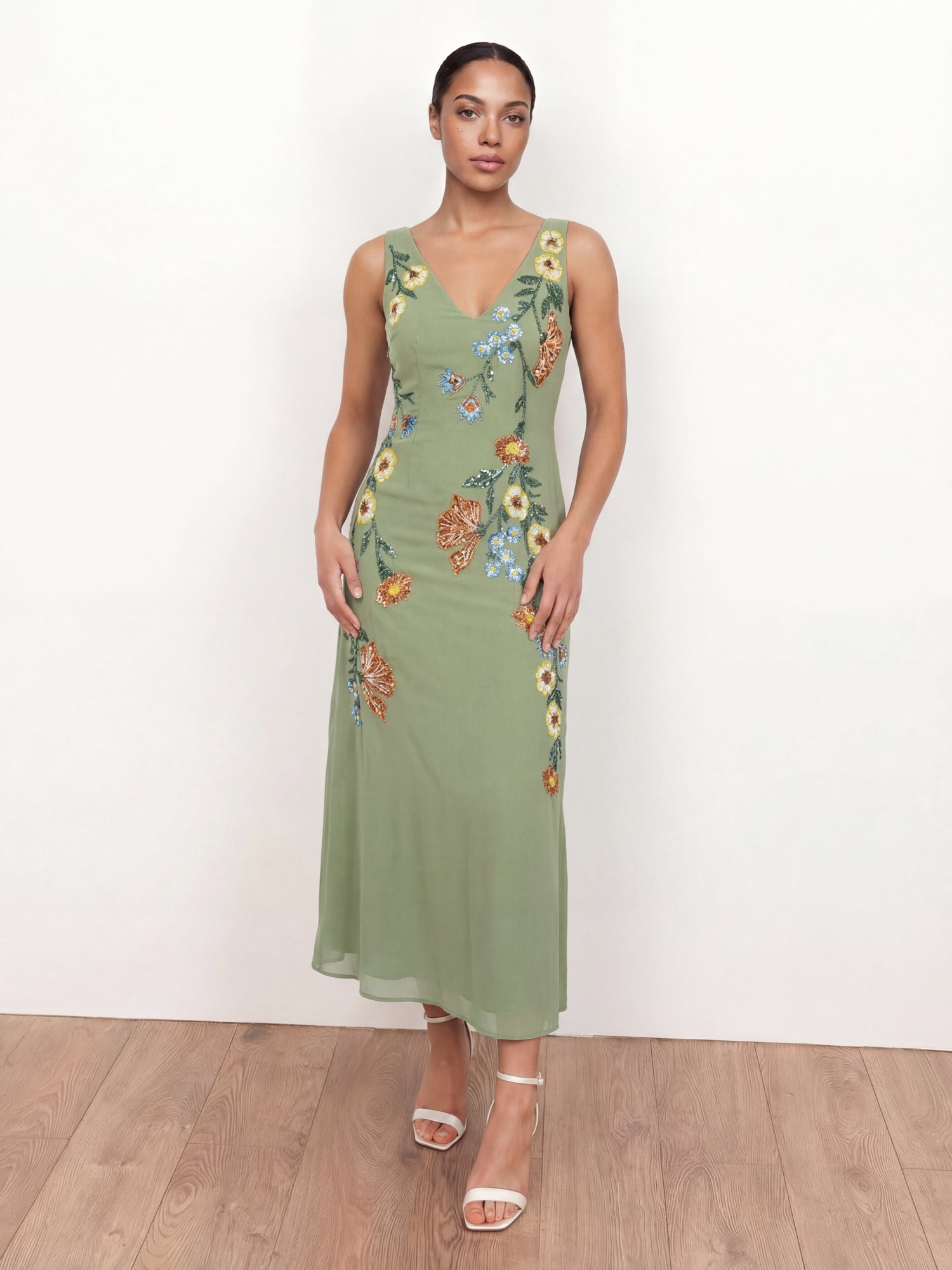 Maya Olive Sage Flower Embellished Tie Back Midaxi Slip Dress