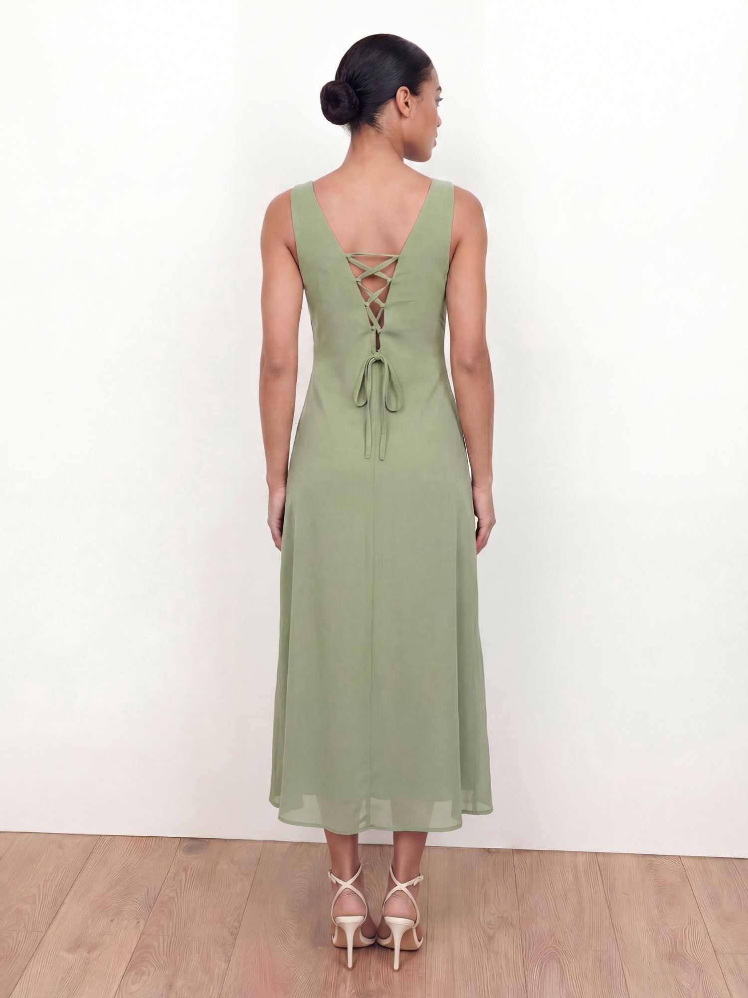 Maya Olive Sage Flower Embellished Tie Back Midaxi Slip Dress
