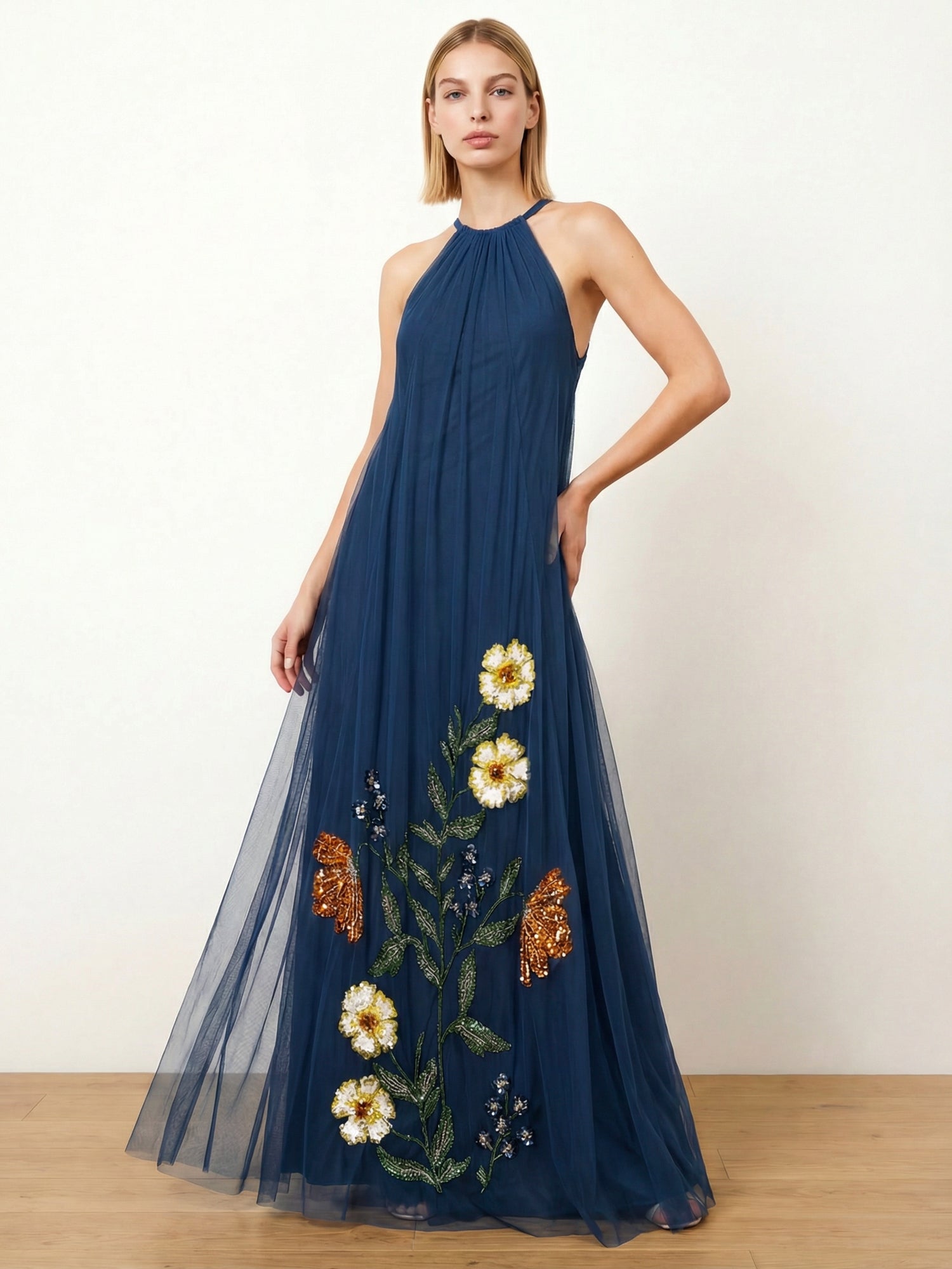 Maya Blue Floral Embellished Halter Neck Trapeze Maxi Dress
