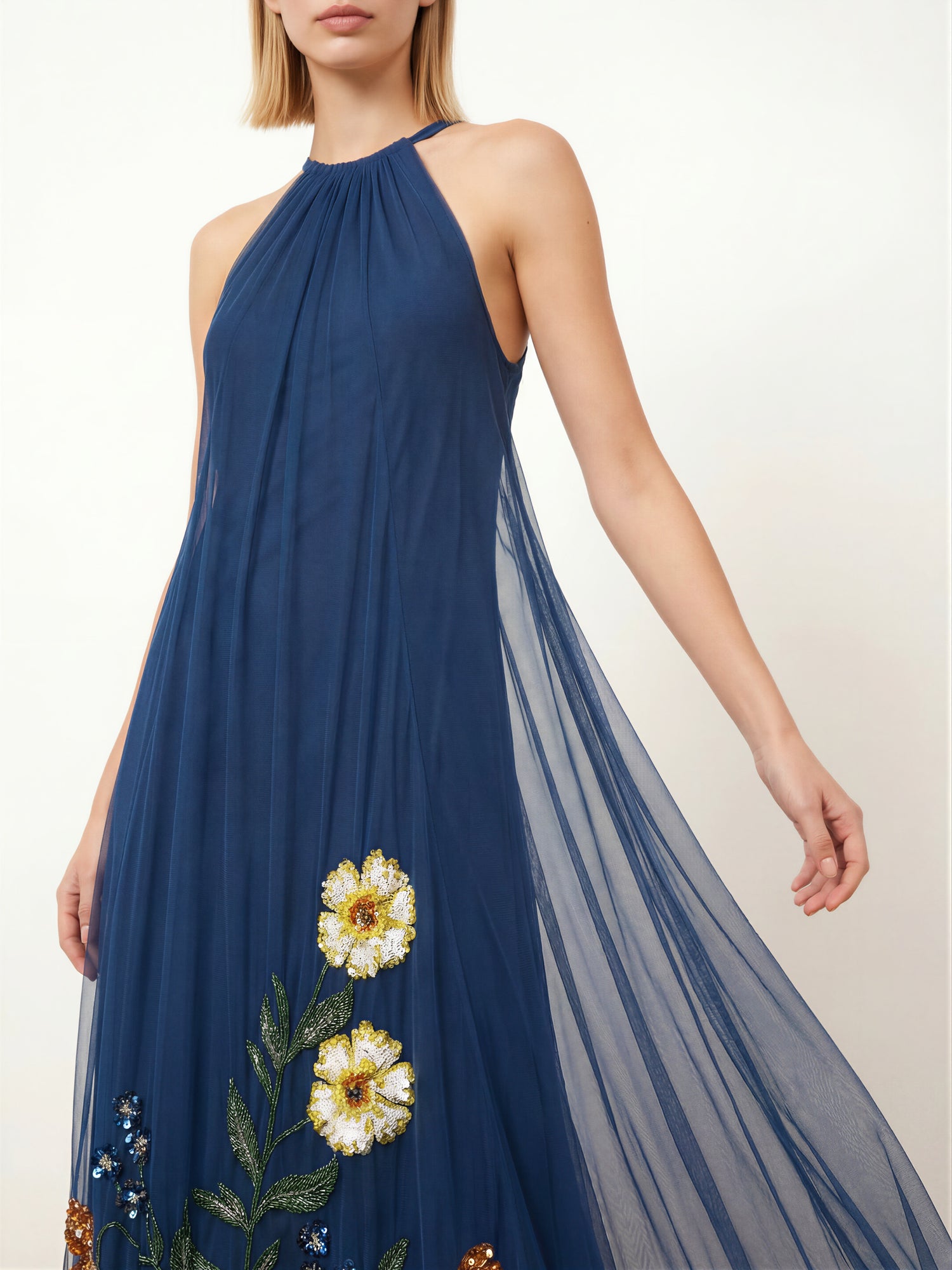 Maya Blue Floral Embellished Halter Neck Trapeze Maxi Dress