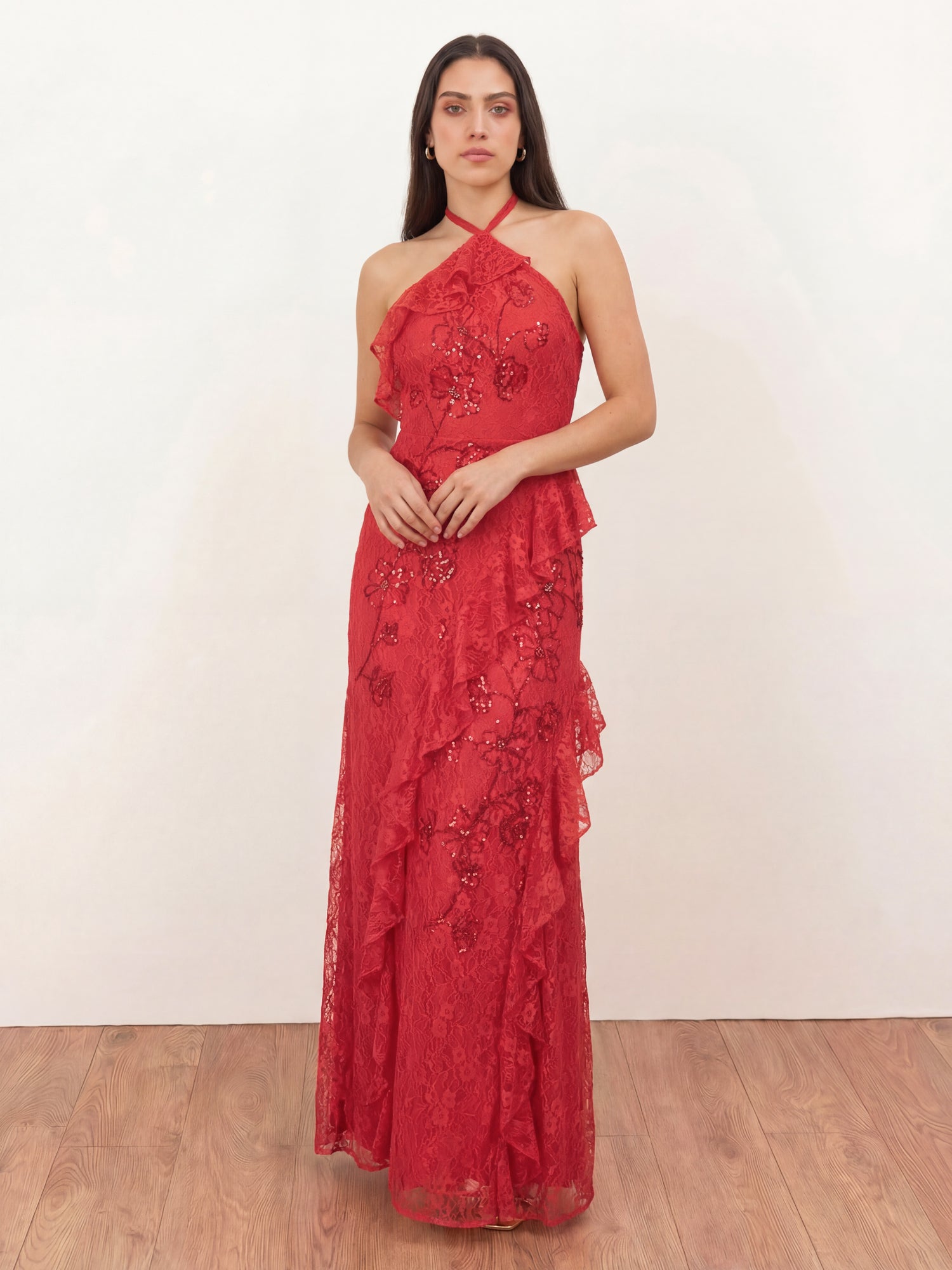 Maya Red Embellished Halter Neck Lace Maxi Dress