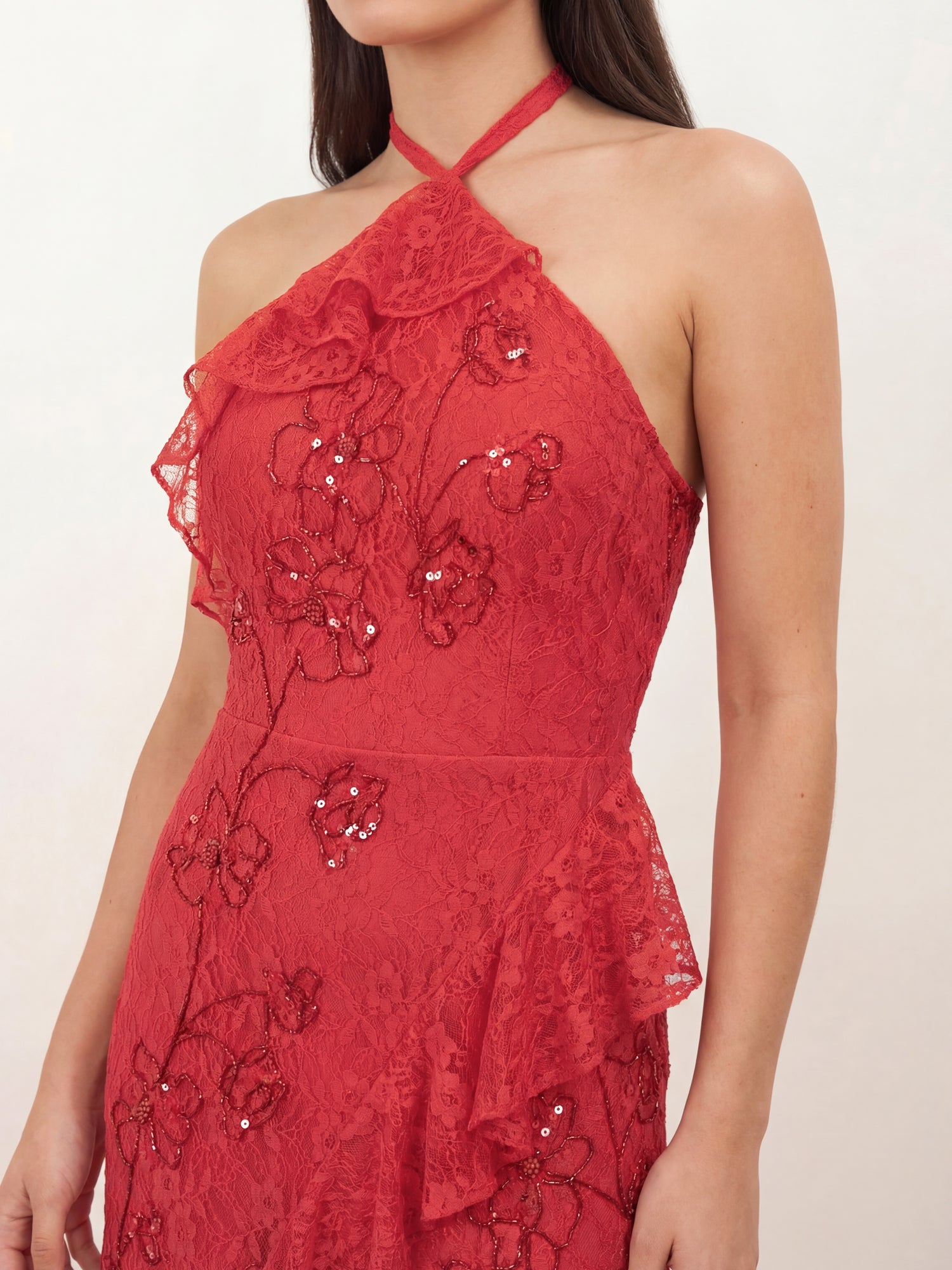 Maya Red Embellished Halter Neck Lace Maxi Dress