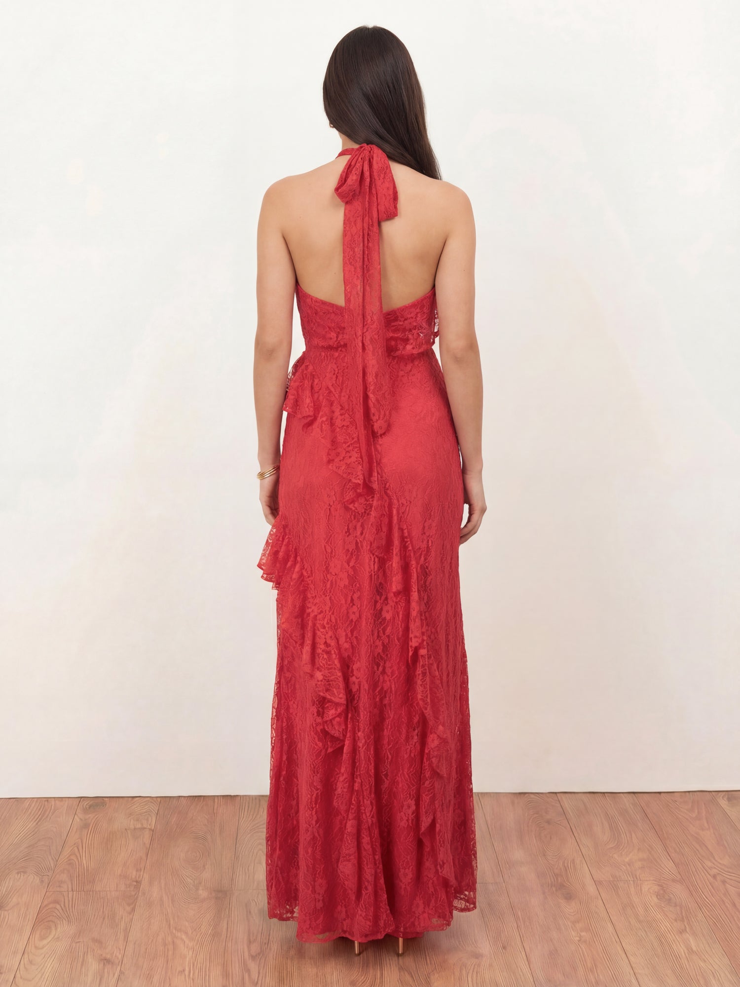 Maya Red Embellished Halter Neck Lace Maxi Dress
