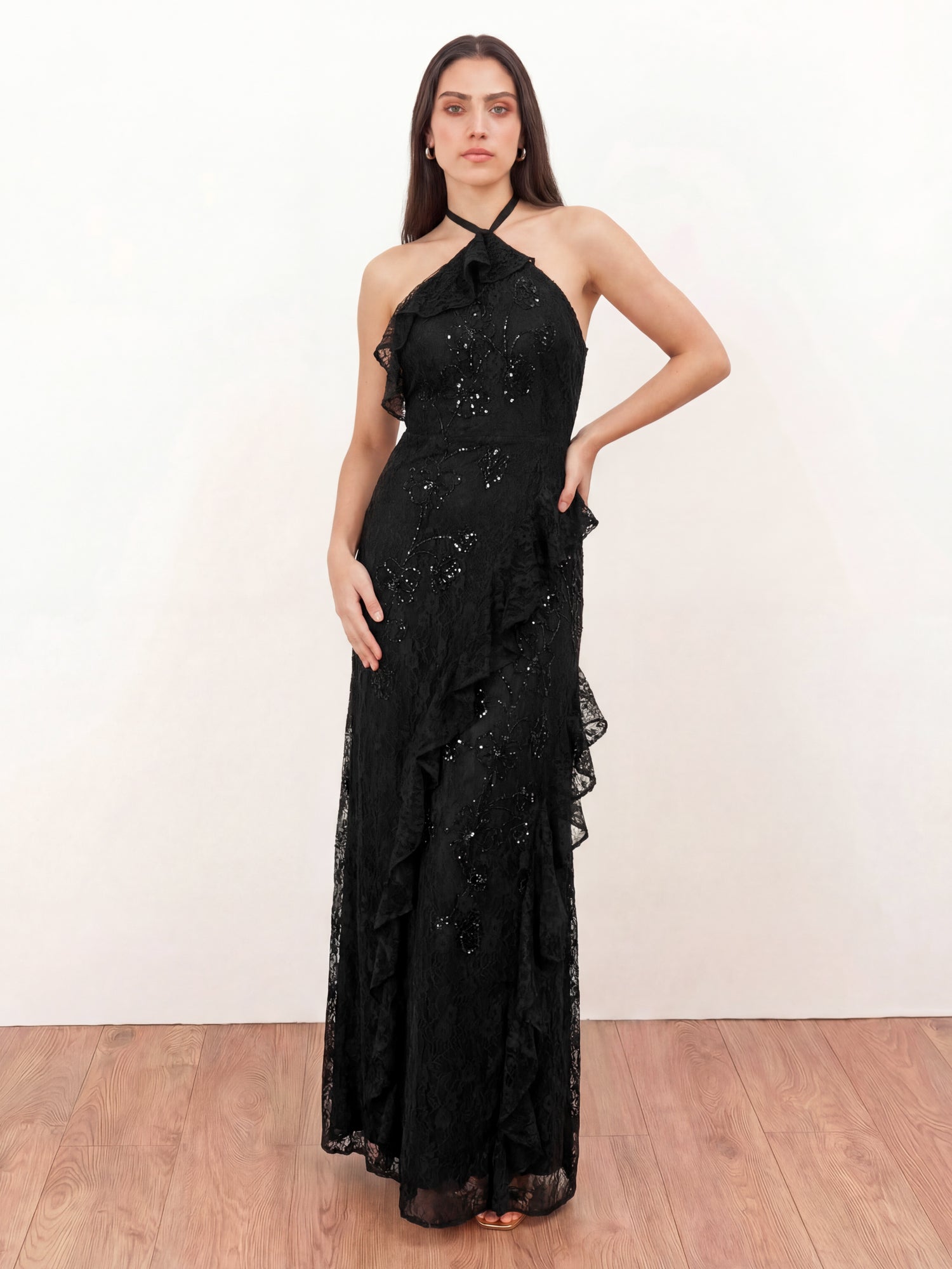 Maya Black Embellished Halter Neck Lace Maxi Dress