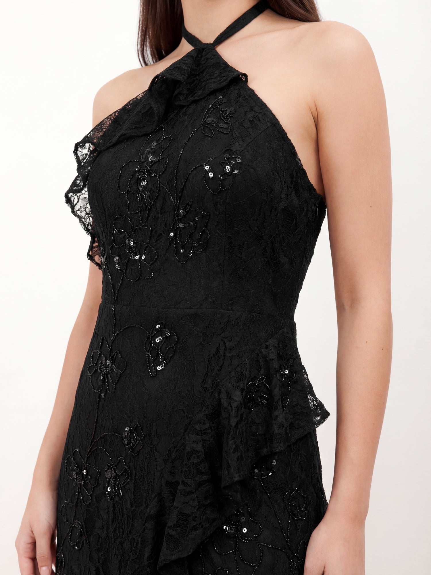 Maya Black Embellished Halter Neck Lace Maxi Dress