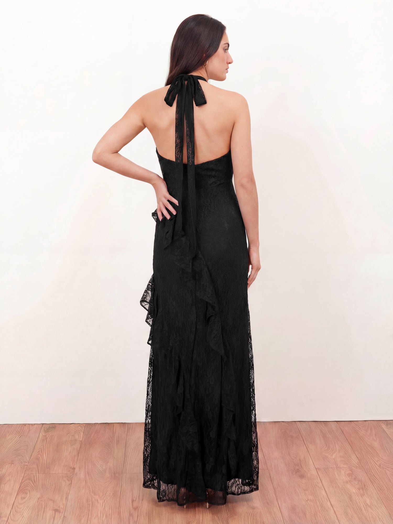 Maya Black Embellished Halter Neck Lace Maxi Dress
