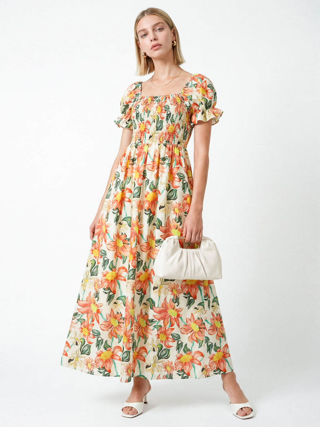 Lovedrobe Floral Print Short Sleeve Shirred Midaxi Dress