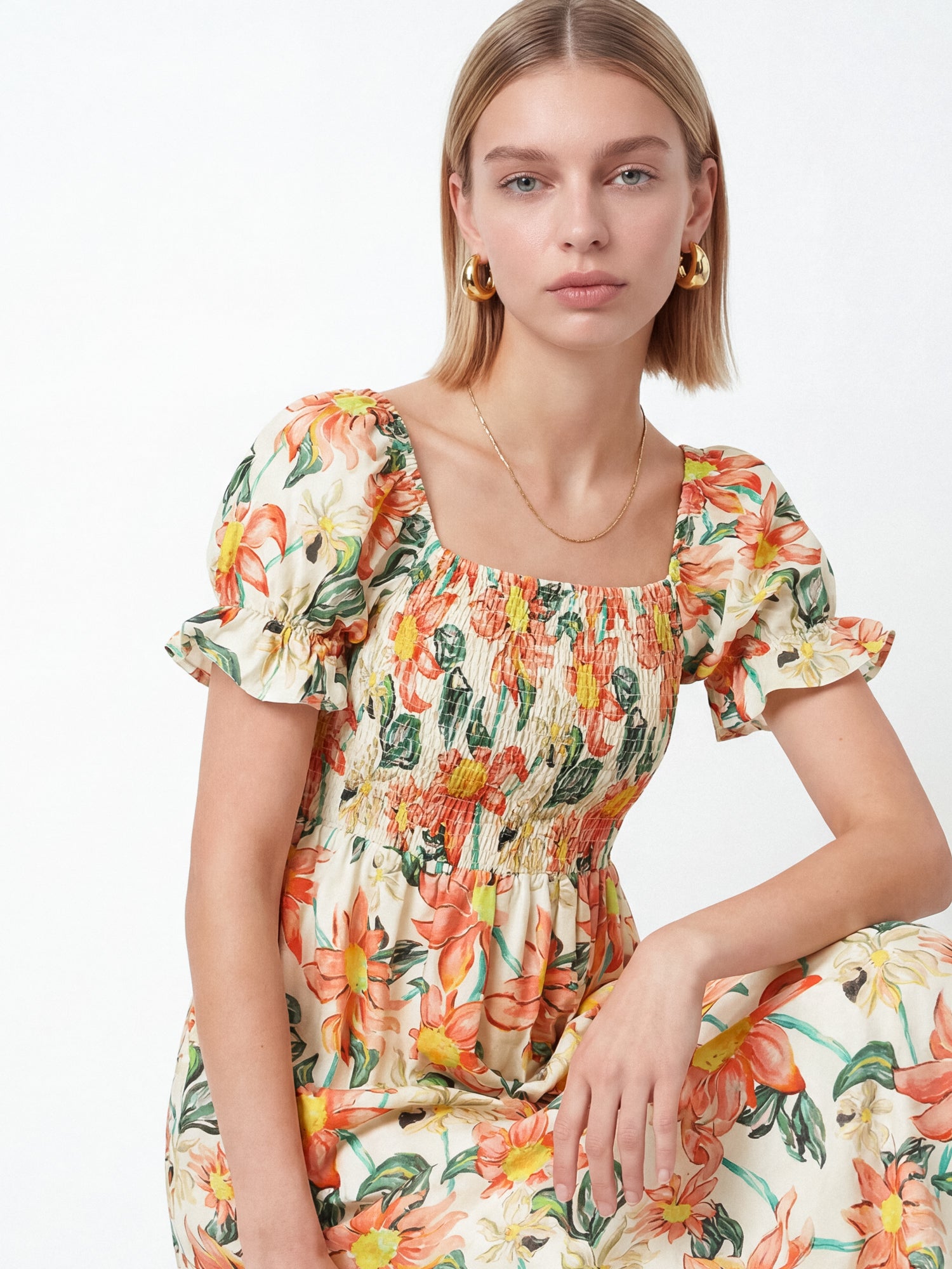 Lovedrobe Floral Print Short Sleeve Shirred Midaxi Dress