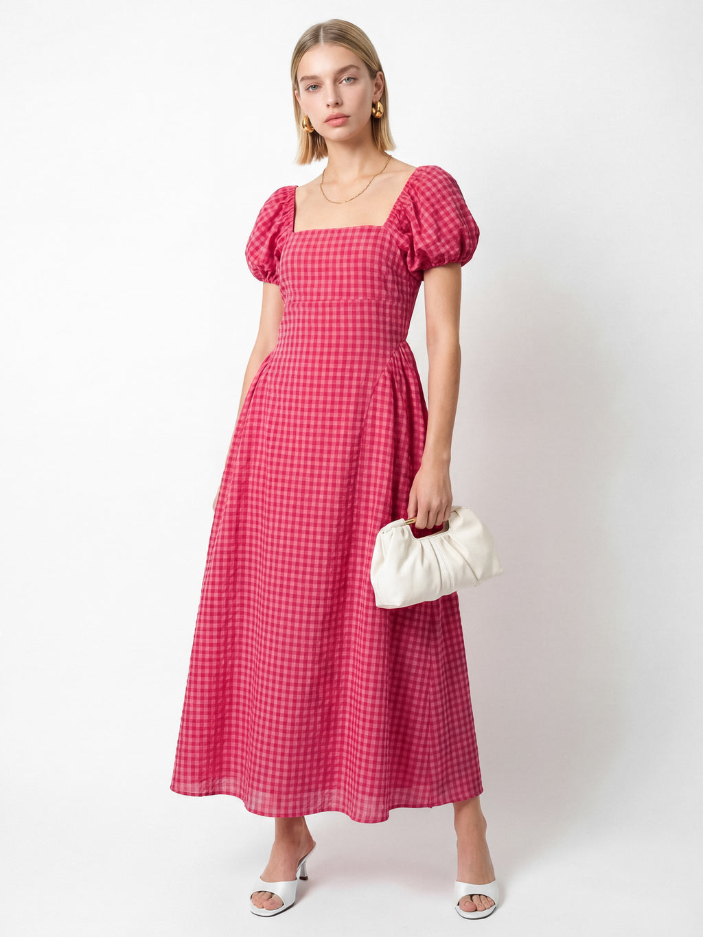 Lovedrobe Hot Pink Gingham Square Neck Short Sleeve Midaxi Dress