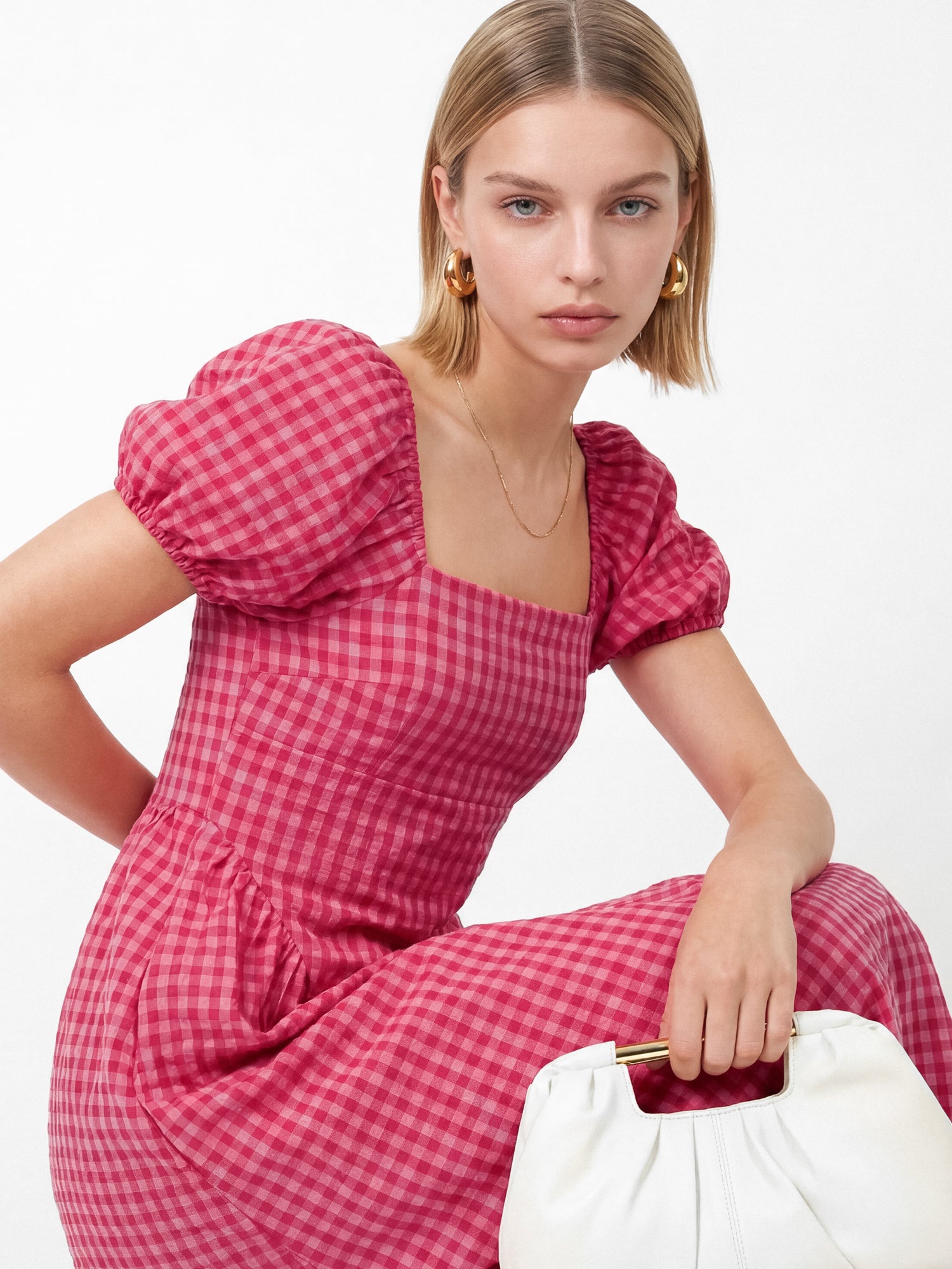 Lovedrobe Hot Pink Gingham Square Neck Short Sleeve Midaxi Dress