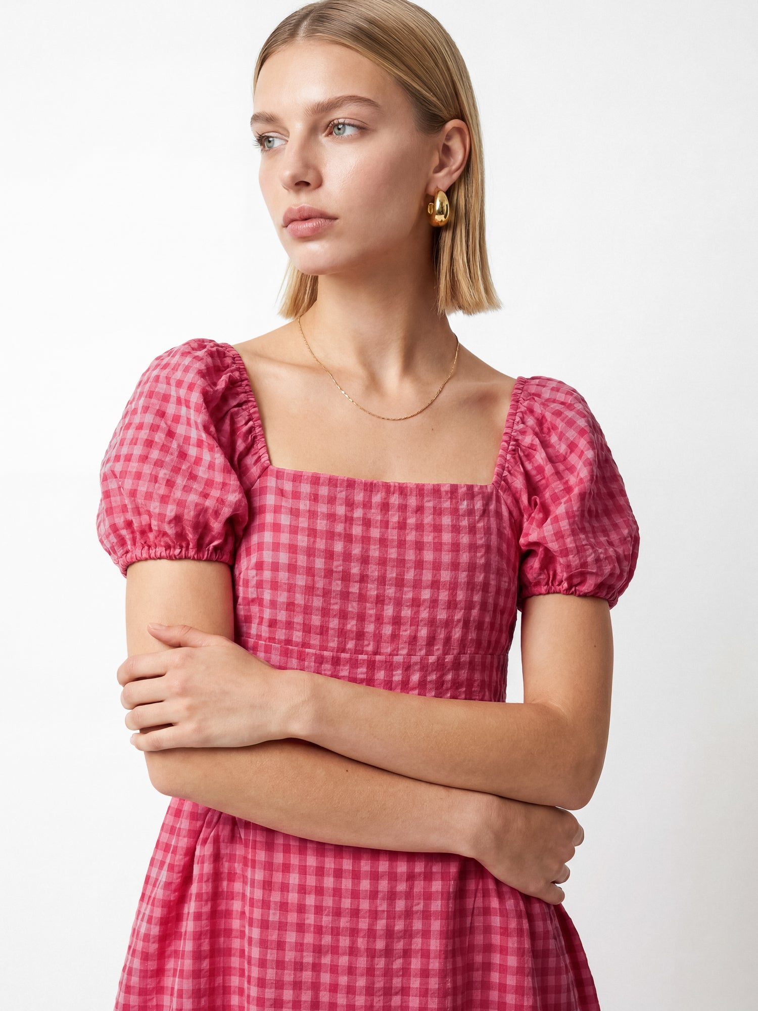 Lovedrobe Hot Pink Gingham Square Neck Short Sleeve Midaxi Dress