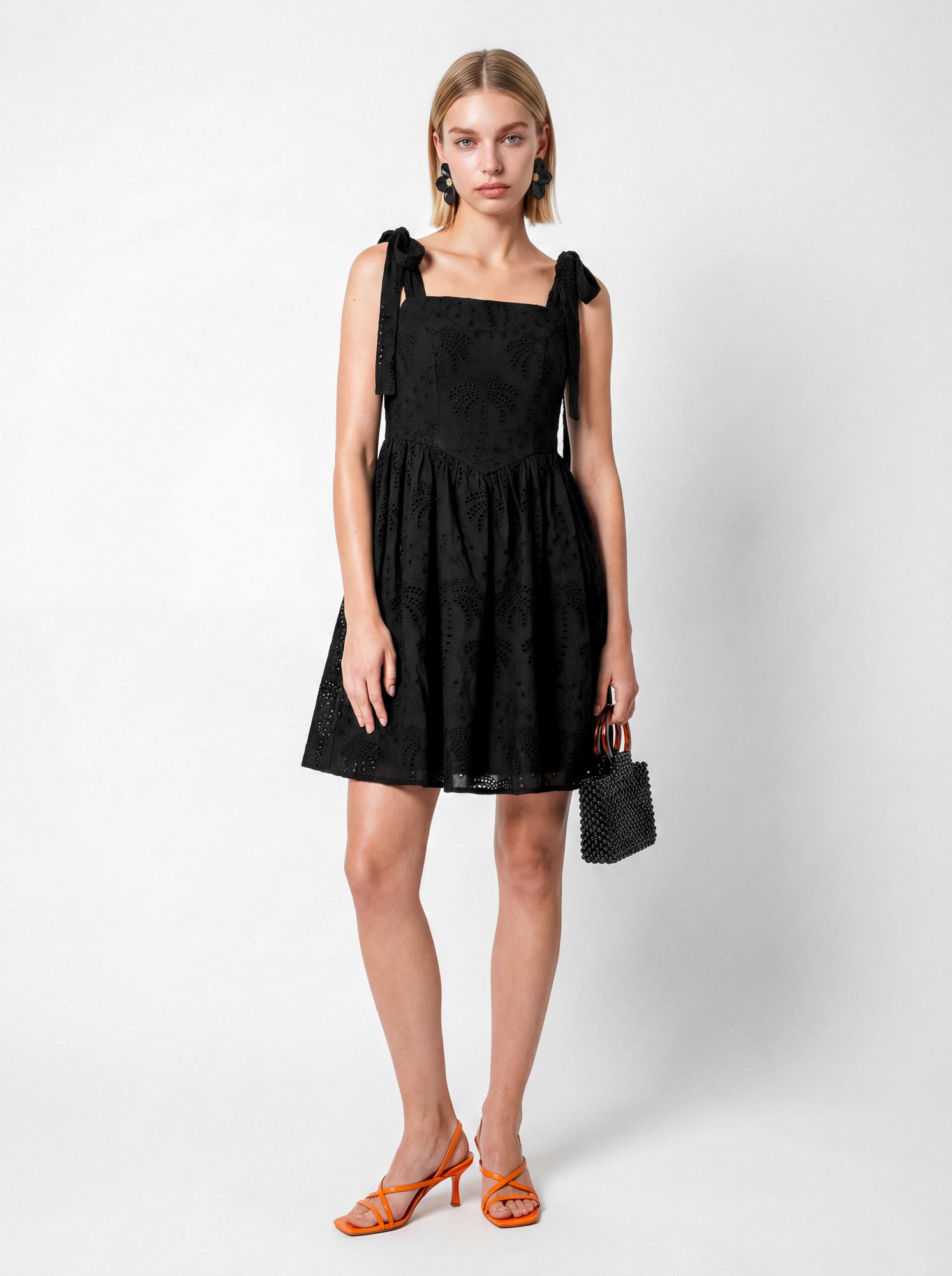 Lovedrobe Black Palm Broderie Tie-Shoulder Mini Dress