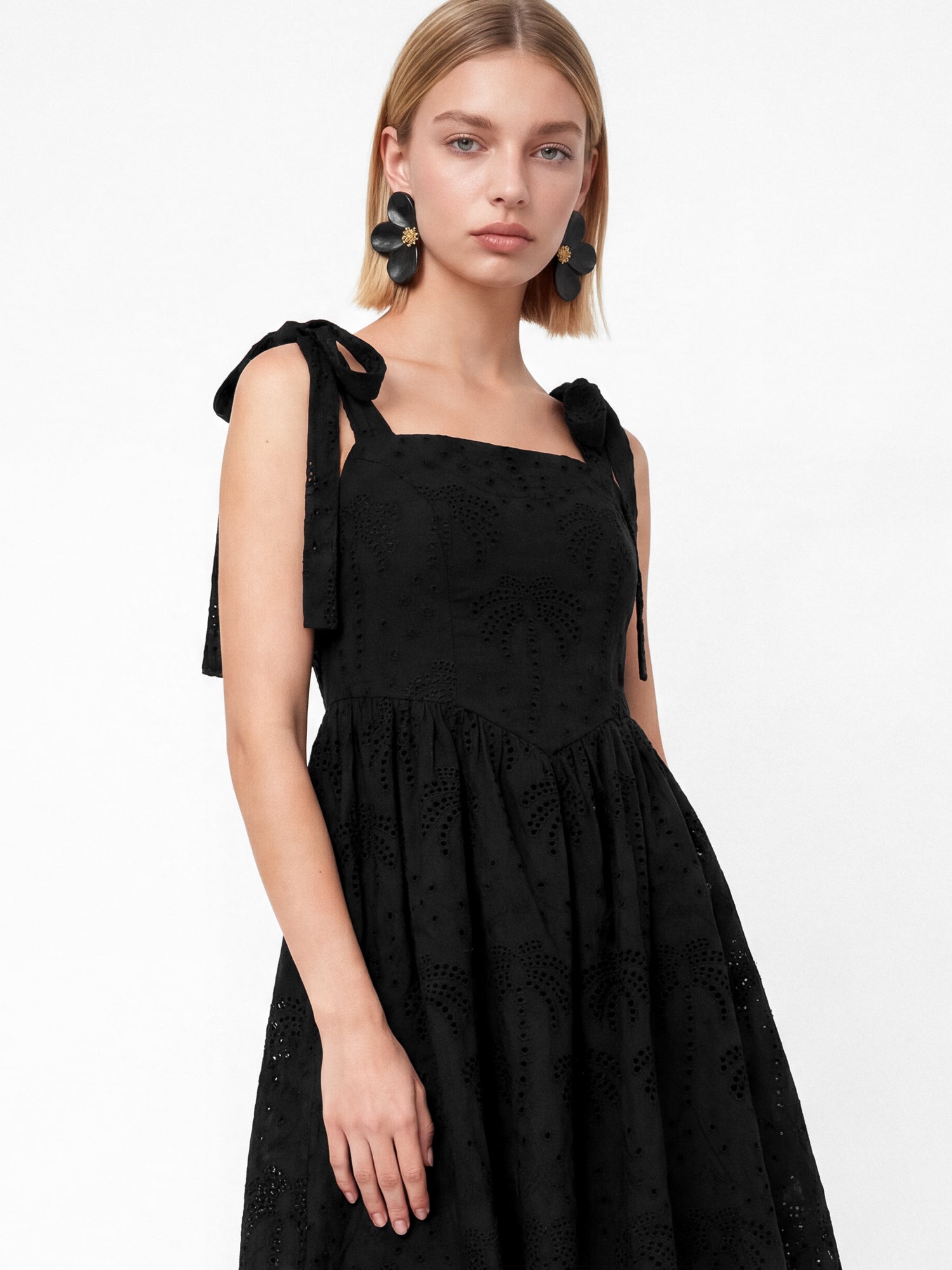 Lovedrobe Black Palm Broderie Tie-Shoulder Mini Dress