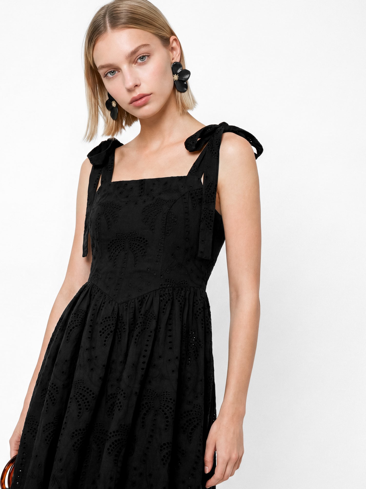 Lovedrobe Black Palm Broderie Tie-Shoulder Mini Dress