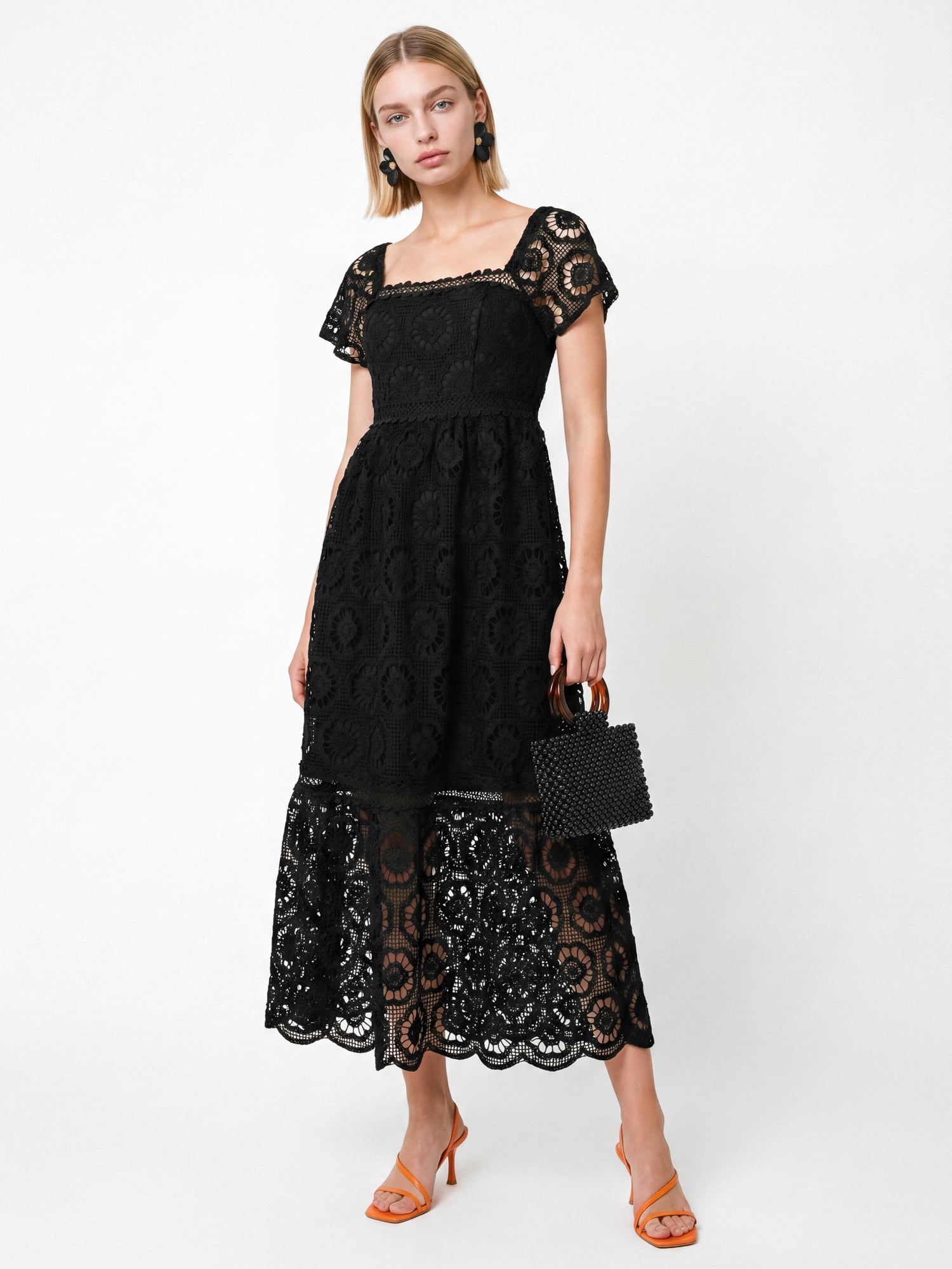 Lovedrobe Black Floral Lace Square Neck Short Sleeve Midaxi Dress