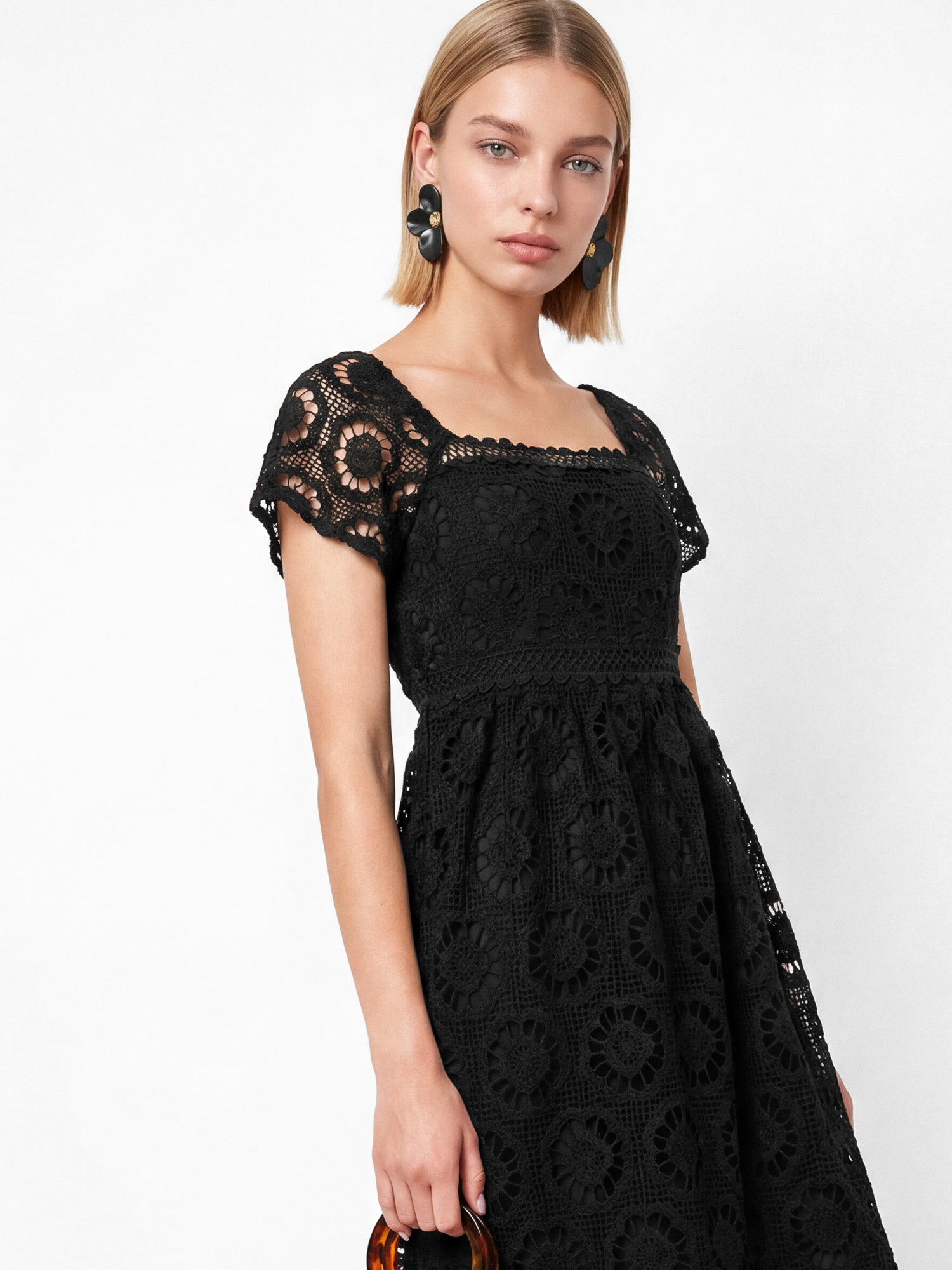 Lovedrobe Black Floral Lace Square Neck Short Sleeve Midaxi Dress