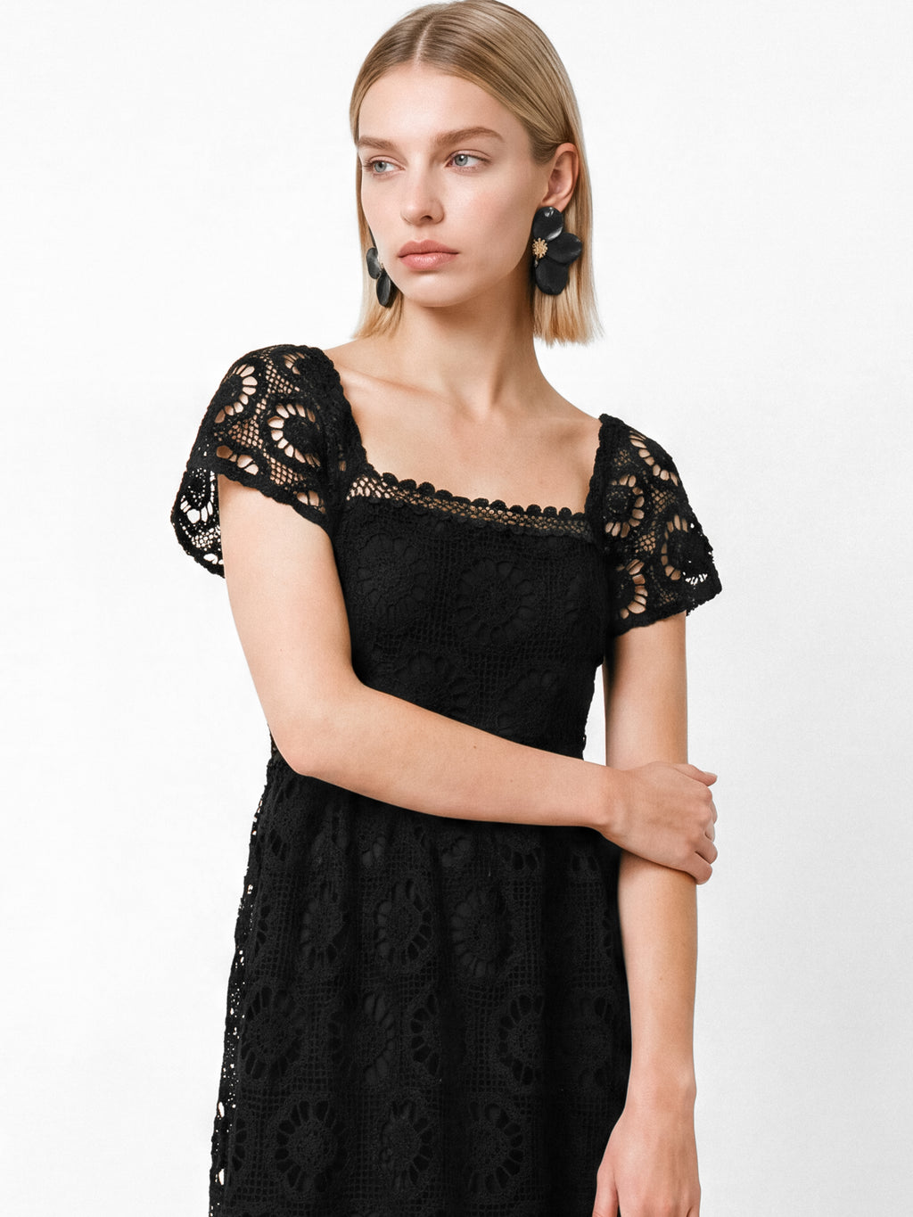 Lovedrobe Black Floral Lace Square Neck Short Sleeve Midaxi Dress