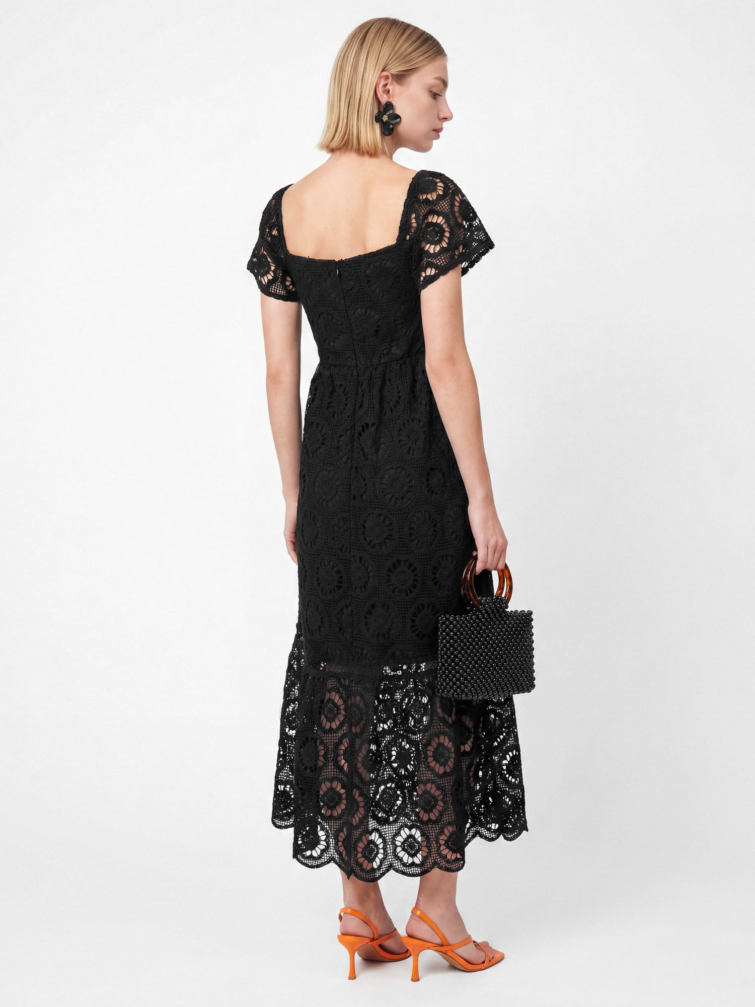 Lovedrobe Black Floral Lace Square Neck Short Sleeve Midaxi Dress