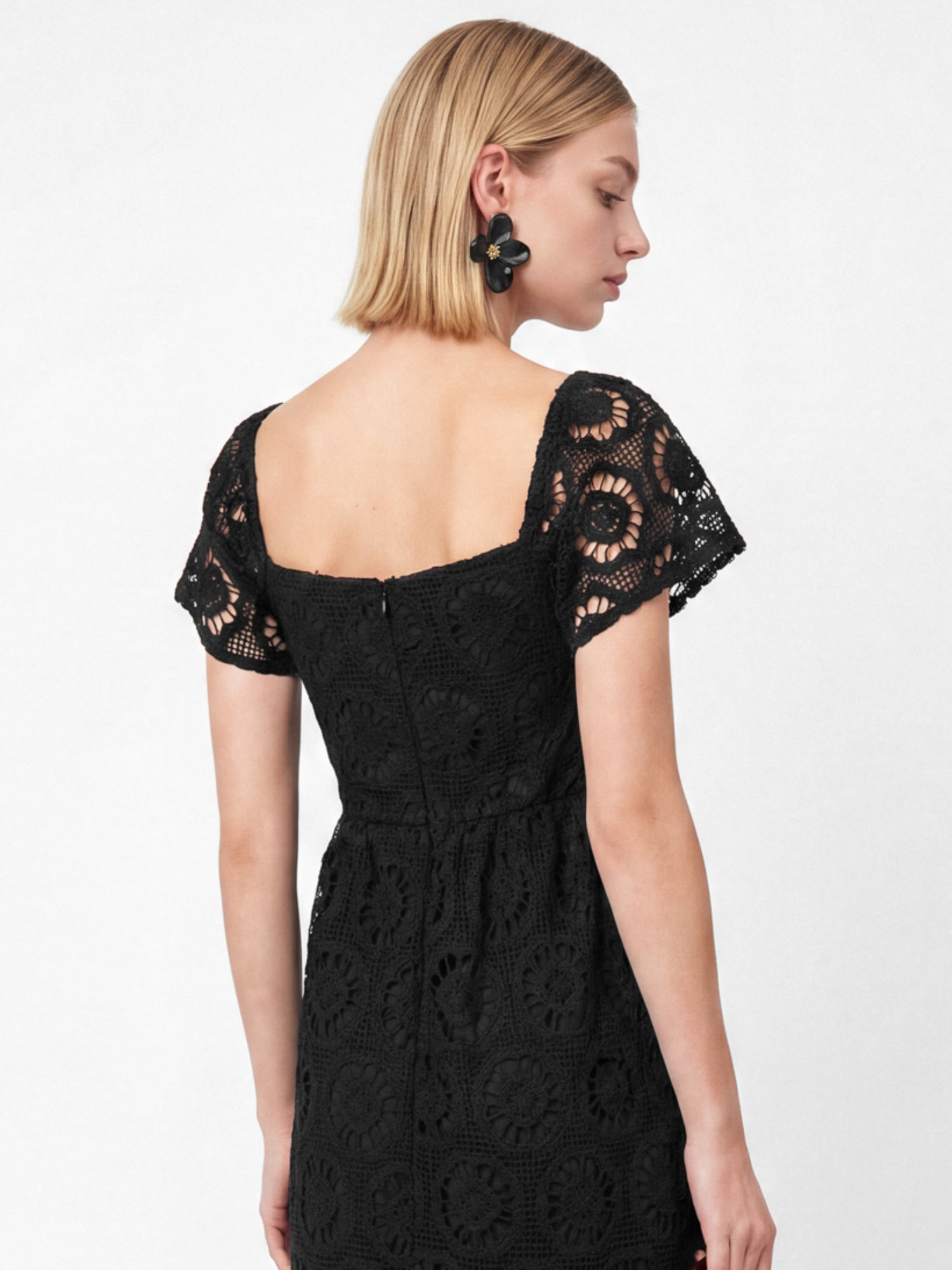 Lovedrobe Black Floral Lace Square Neck Short Sleeve Midaxi Dress