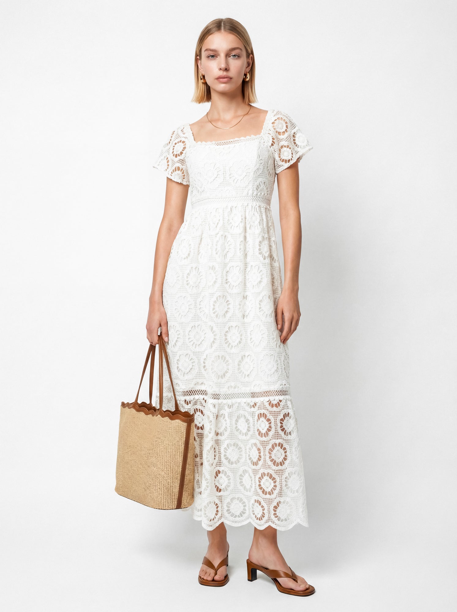 Lovedrobe Cream Floral Lace Square Neck Short Sleeve Midaxi Dress