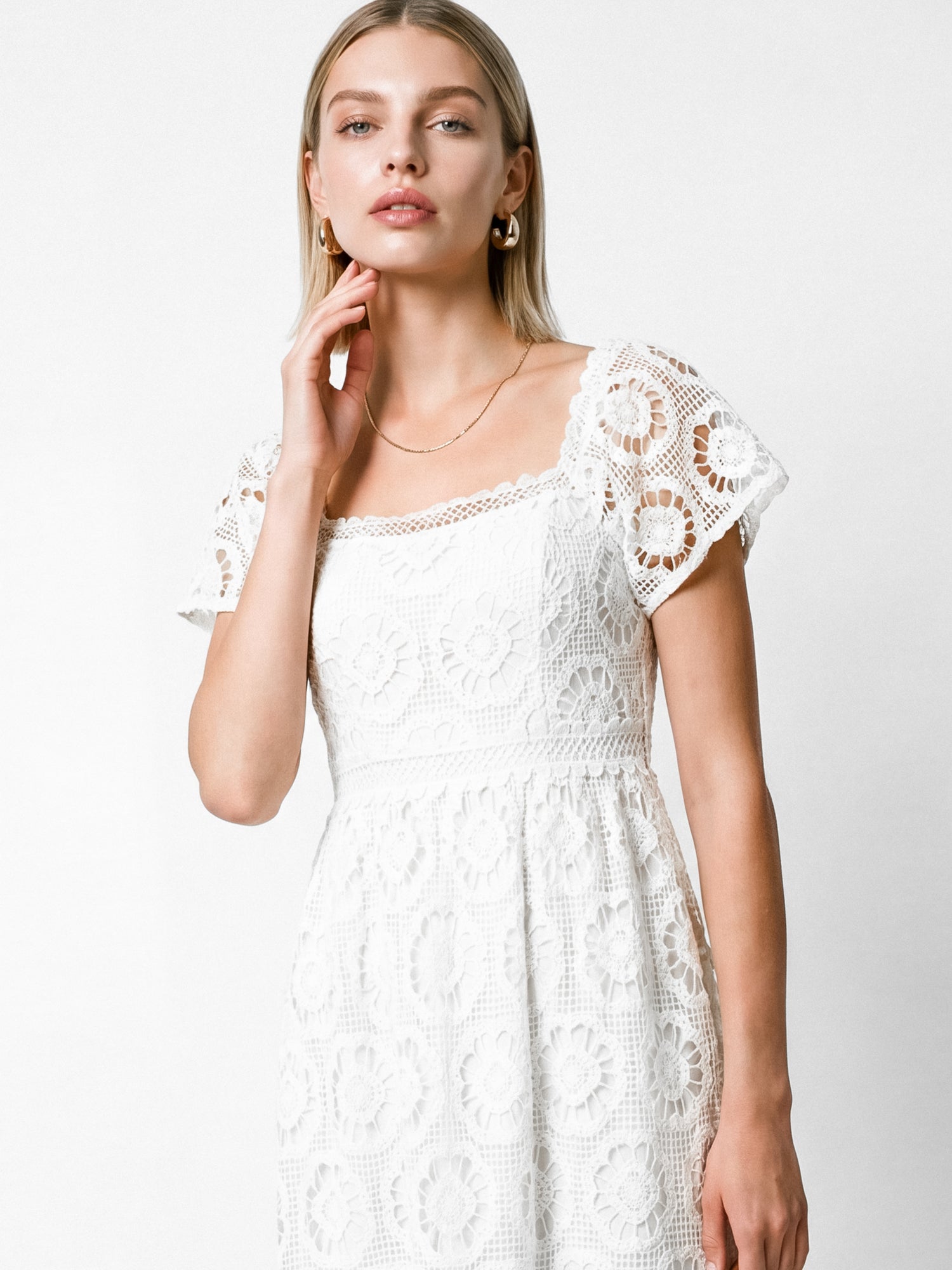 Lovedrobe Cream Floral Lace Square Neck Short Sleeve Midaxi Dress