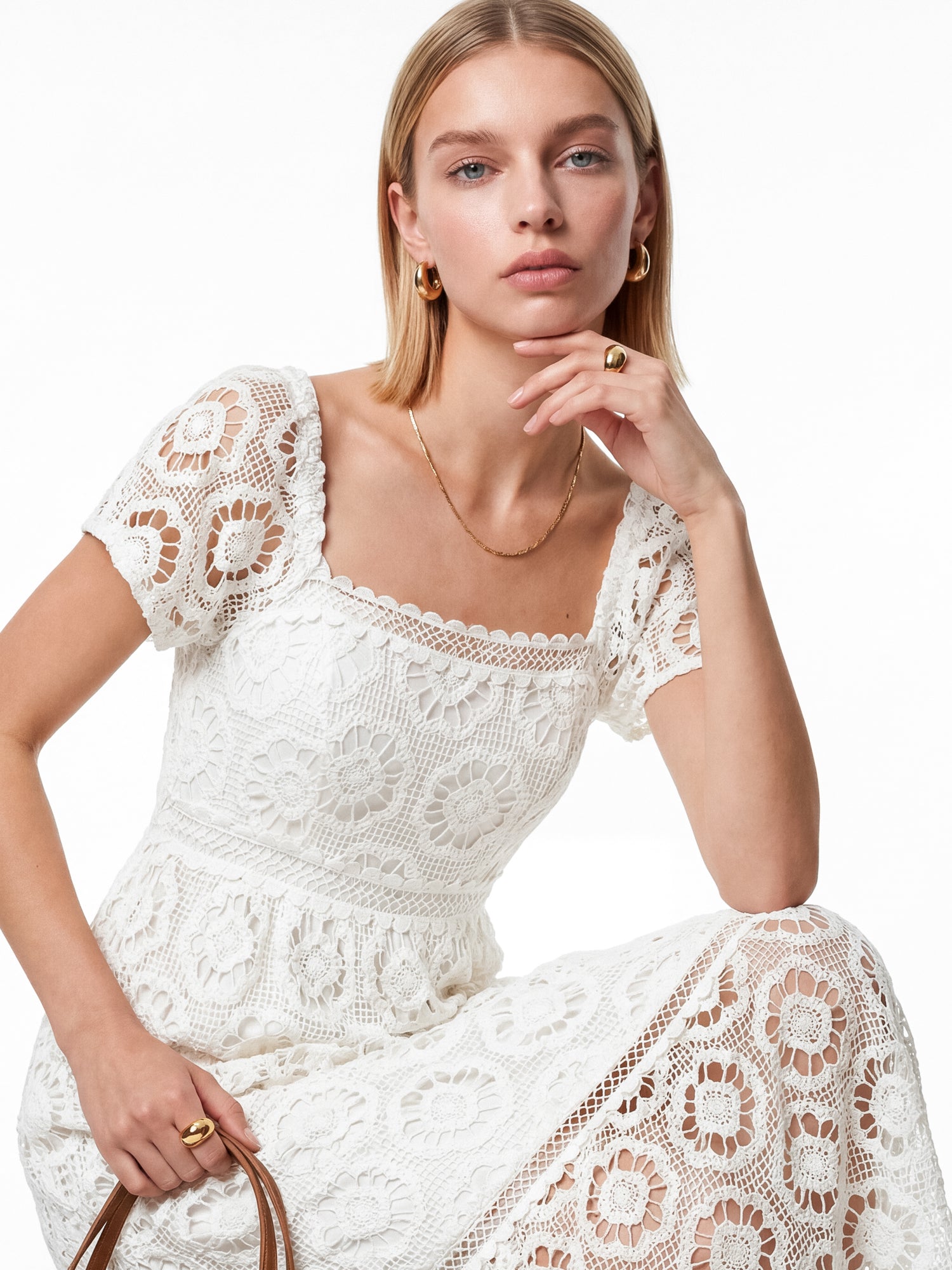 Lovedrobe Cream Floral Lace Square Neck Short Sleeve Midaxi Dress