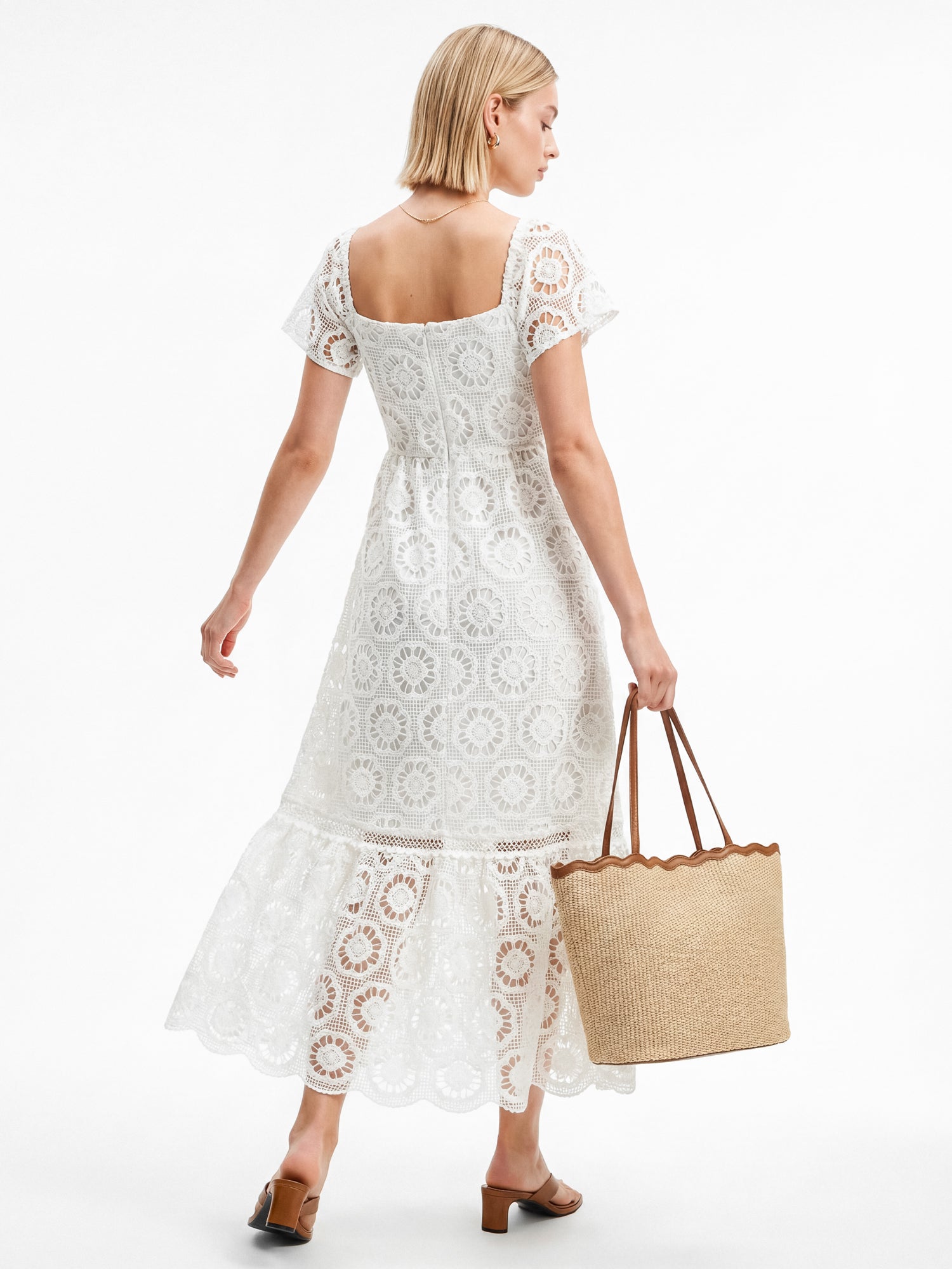 Lovedrobe Cream Floral Lace Square Neck Short Sleeve Midaxi Dress