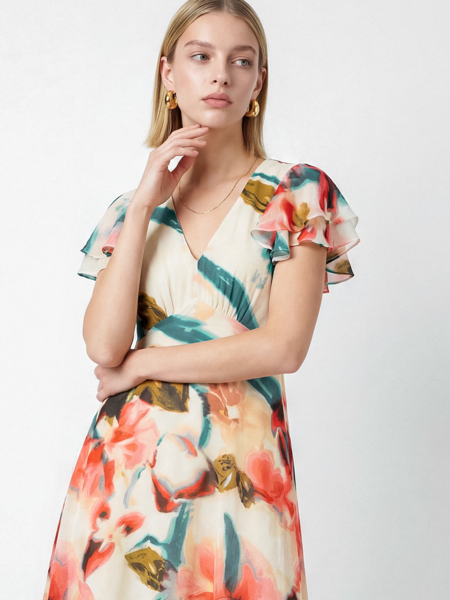 Lovedrobe Abstract Floral Print V Neck Flutter Sleeve Midaxi Dress