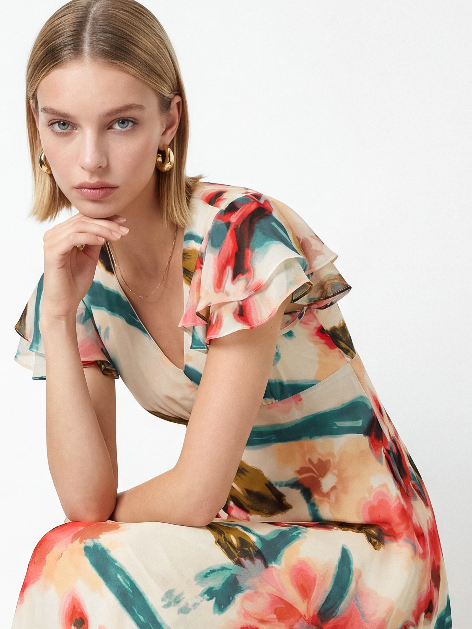 Lovedrobe Abstract Floral Print V Neck Flutter Sleeve Midaxi Dress